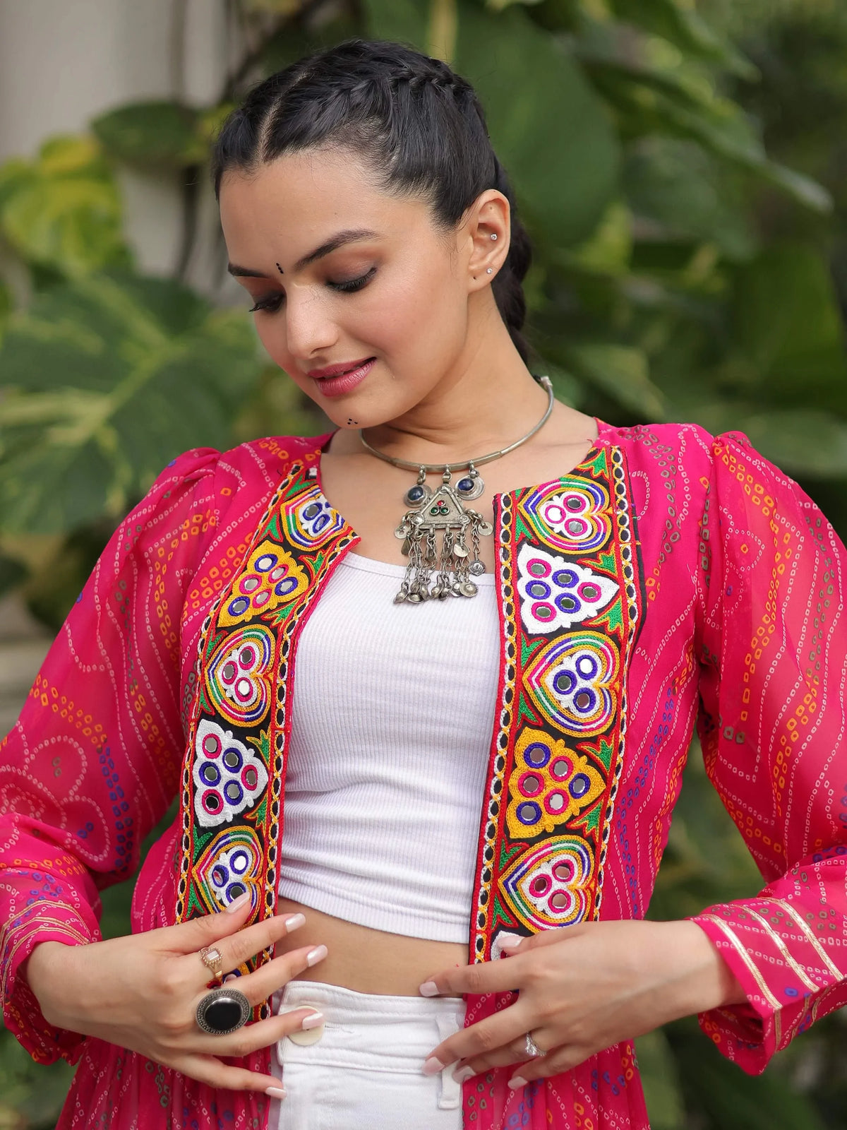 Dreamy Hot Pink Bandhani Printed Georgette Festive Special Shrug
