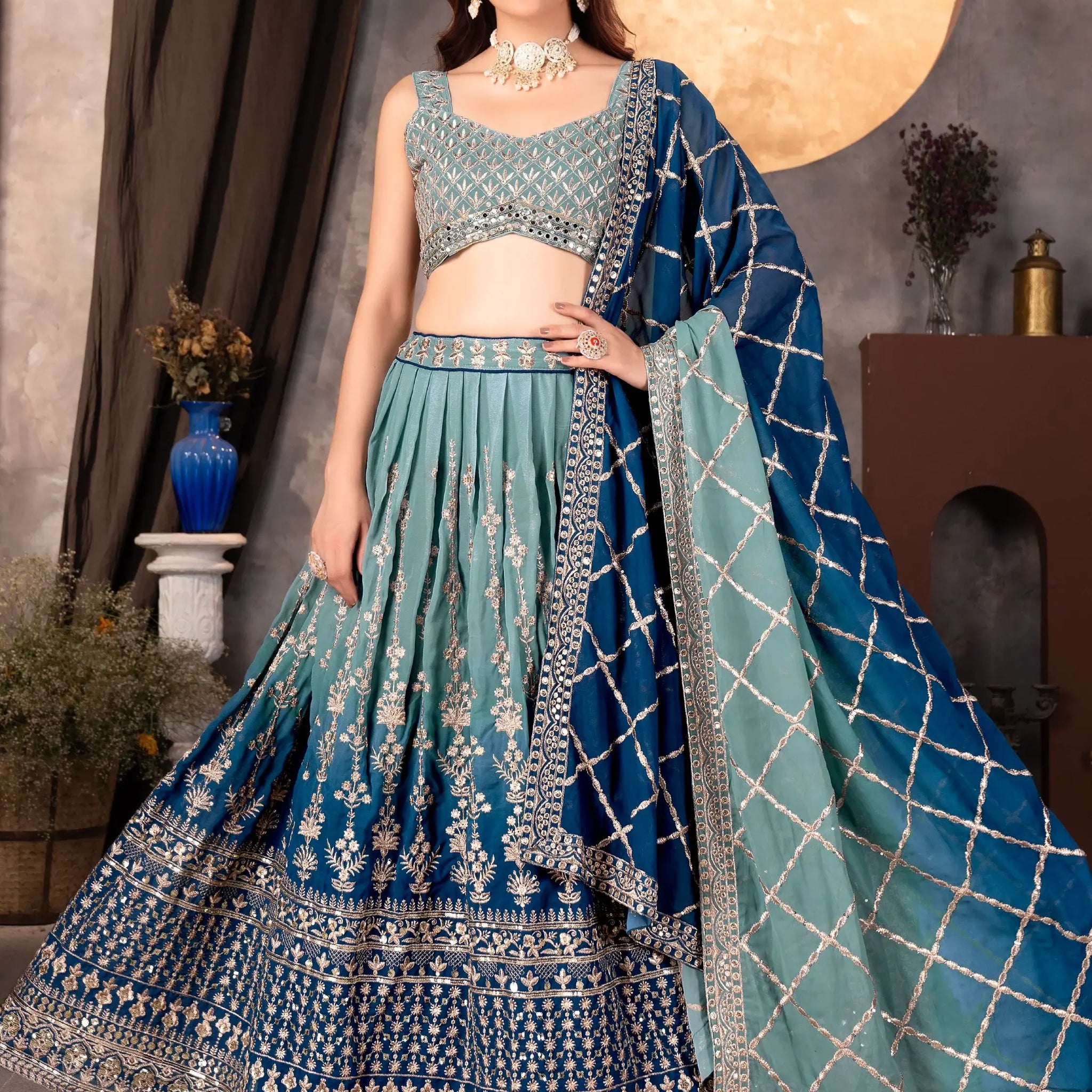 Dreamy Light Blue Sequins Georgette Wedding Wear Lehenga Choli With Dupatta - Zeel Clothing