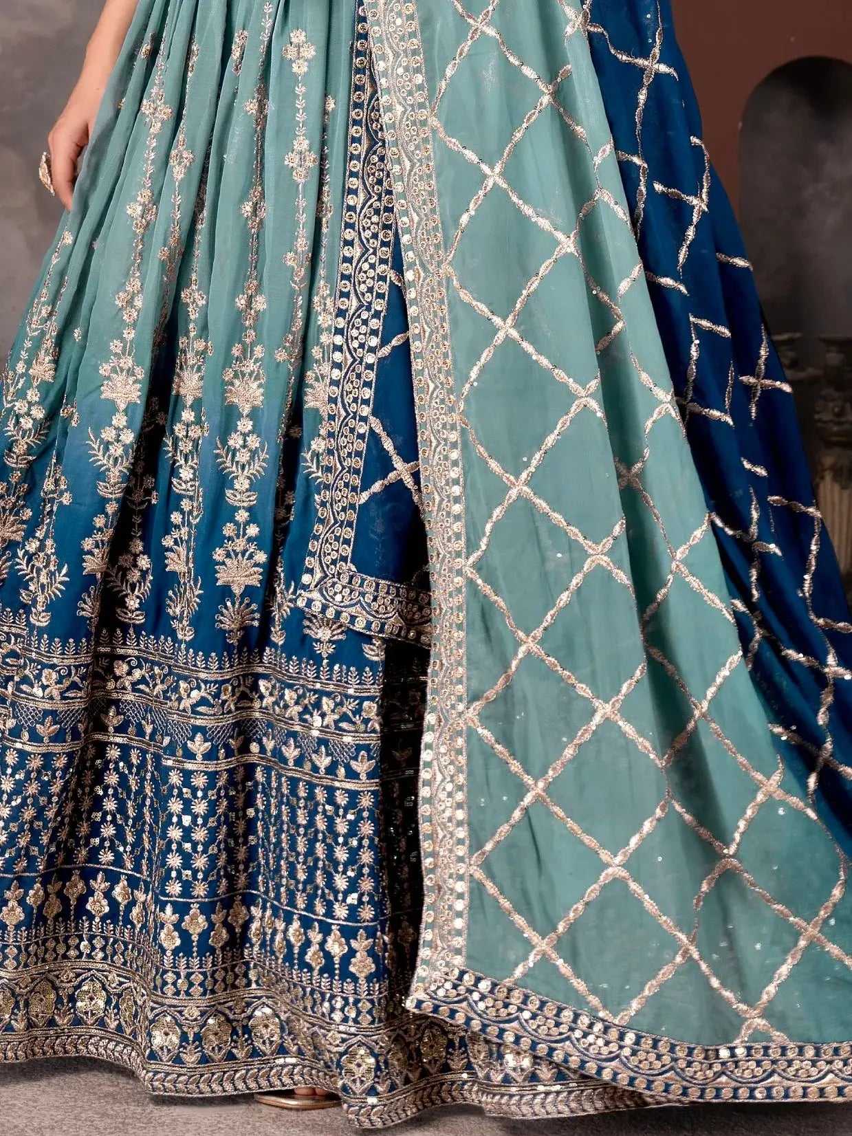 Dreamy Light Blue Sequins Georgette Wedding Wear Lehenga Choli With Dupatta - Zeel Clothing