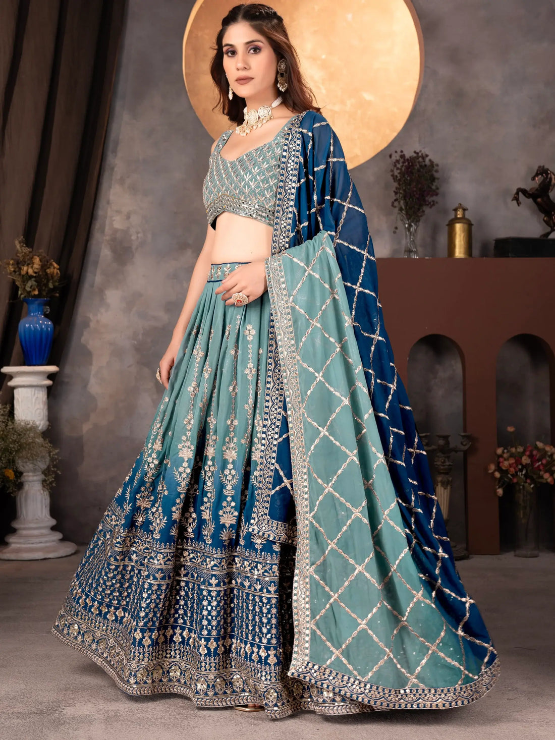 Dreamy Light Blue Sequins Georgette Wedding Wear Lehenga Choli With Dupatta - Zeel Clothing