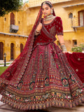Dreamy Maroon Thread Embroidery Velvet Bridal Lehenga Choli With Double Dupatta