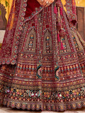 Dreamy Maroon Thread Embroidery Velvet Bridal Lehenga Choli With Double Dupatta