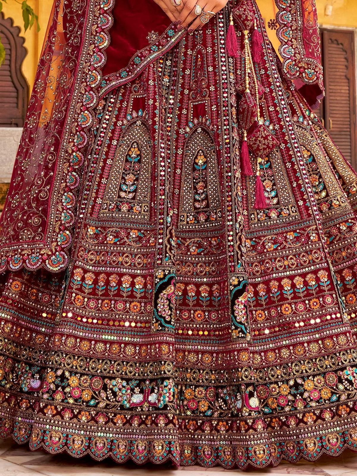 Dreamy Maroon Thread Embroidery Velvet Bridal Lehenga Choli With Double Dupatta