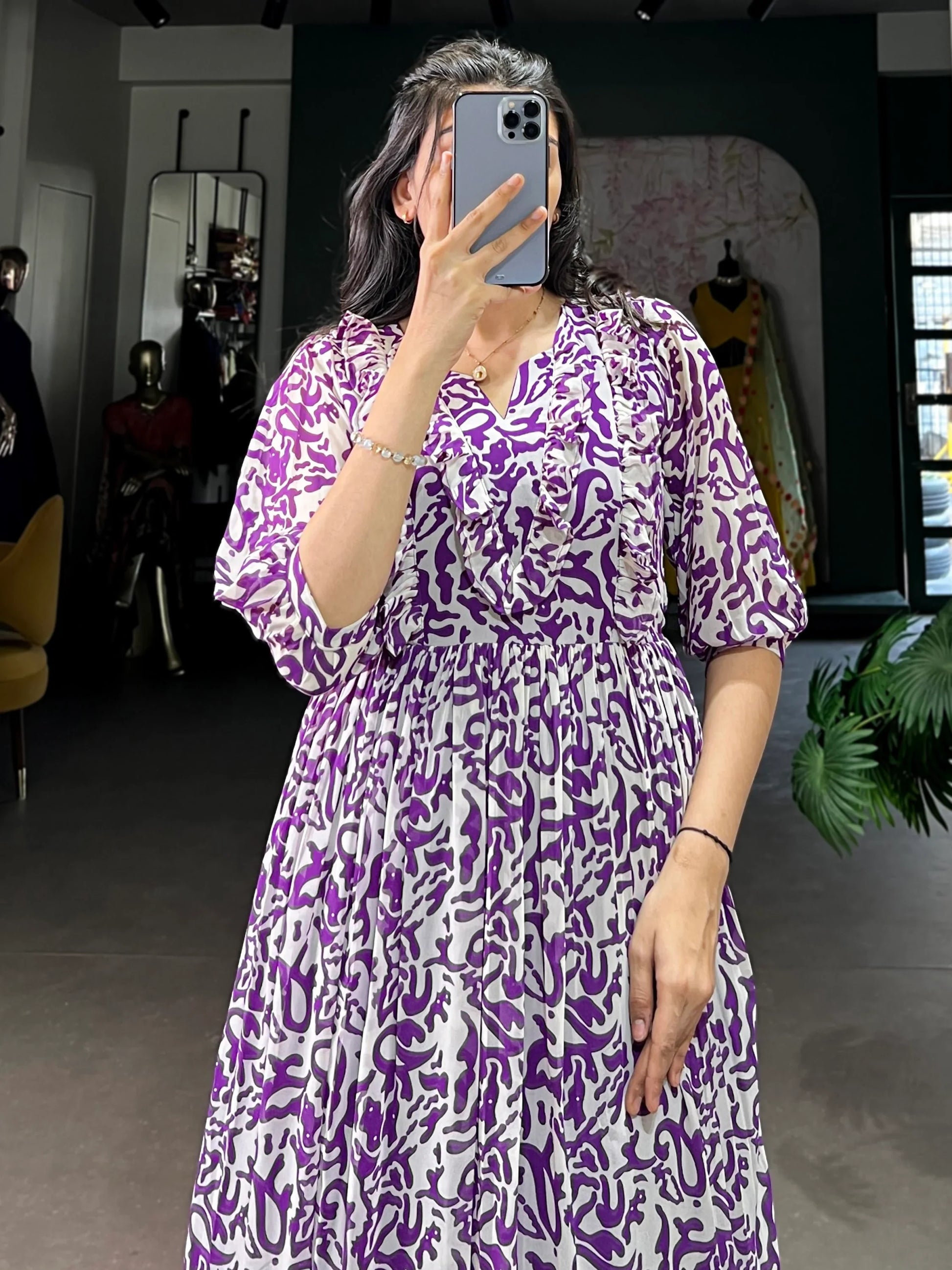 Dreamy Purple Digital Printed Georgette Festive Wear Dress