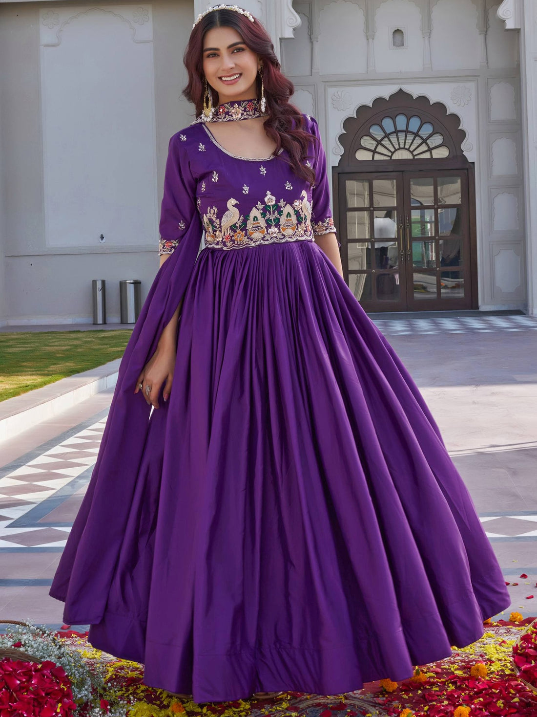 Dreamy Purple Sequins Work Silk Party Wear Gown With Dupatta