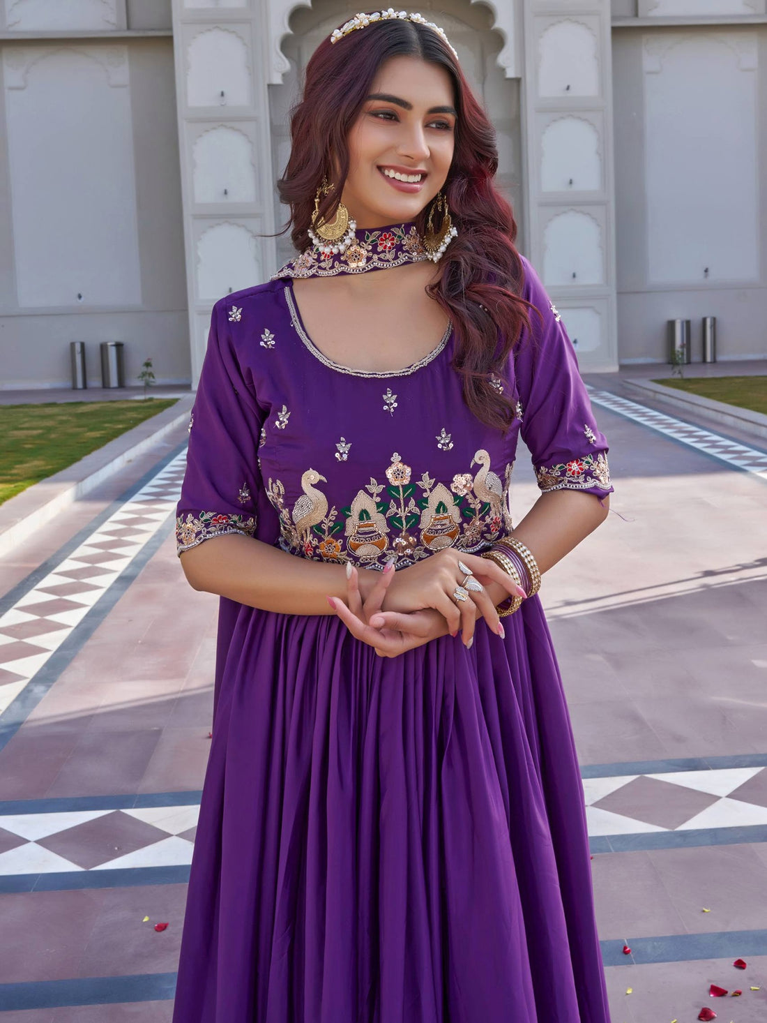 Dreamy Purple Sequins Work Silk Party Wear Gown With Dupatta
