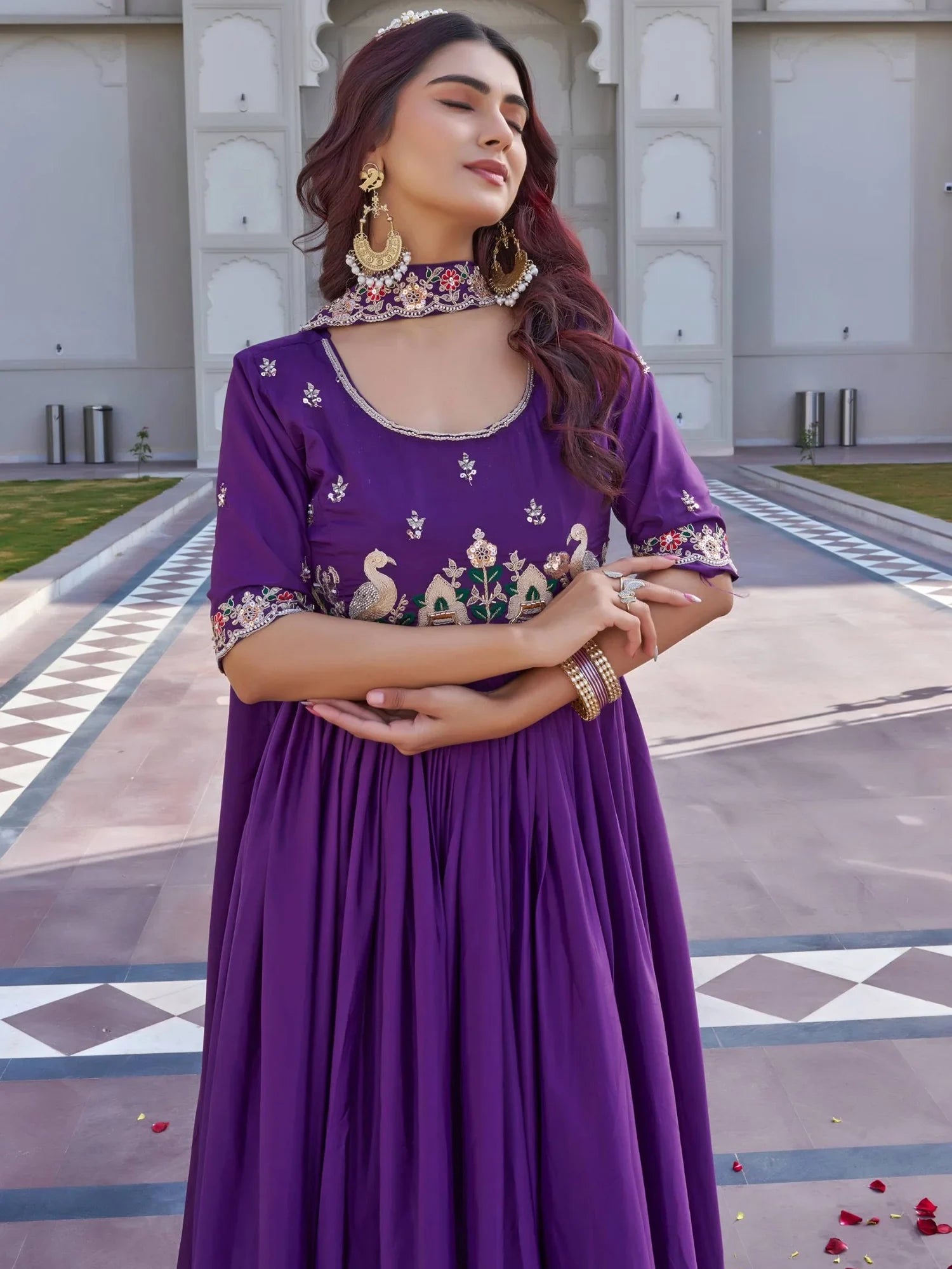 Dreamy Purple Sequins Work Silk Party Wear Gown With Dupatta