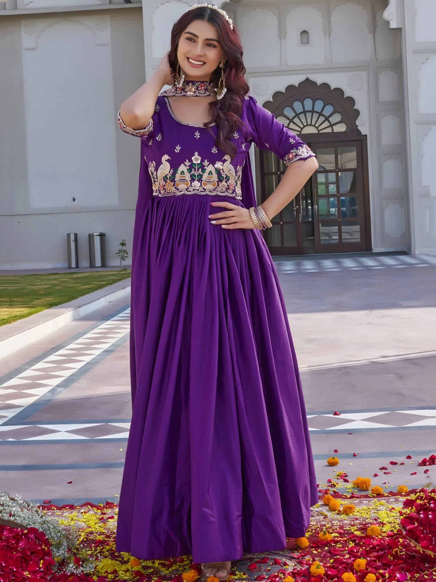 Dreamy Purple Sequins Work Silk Party Wear Gown With Dupatta