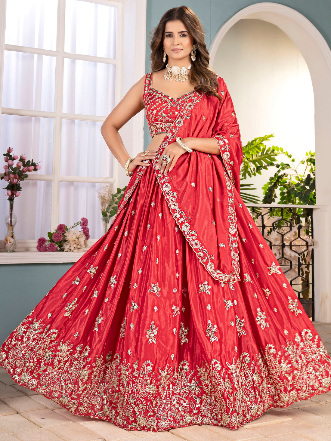 Dreamy Red Coding Work Chinon Reception Wear Lehenga Choli With Dupatta - Zeel Clothing