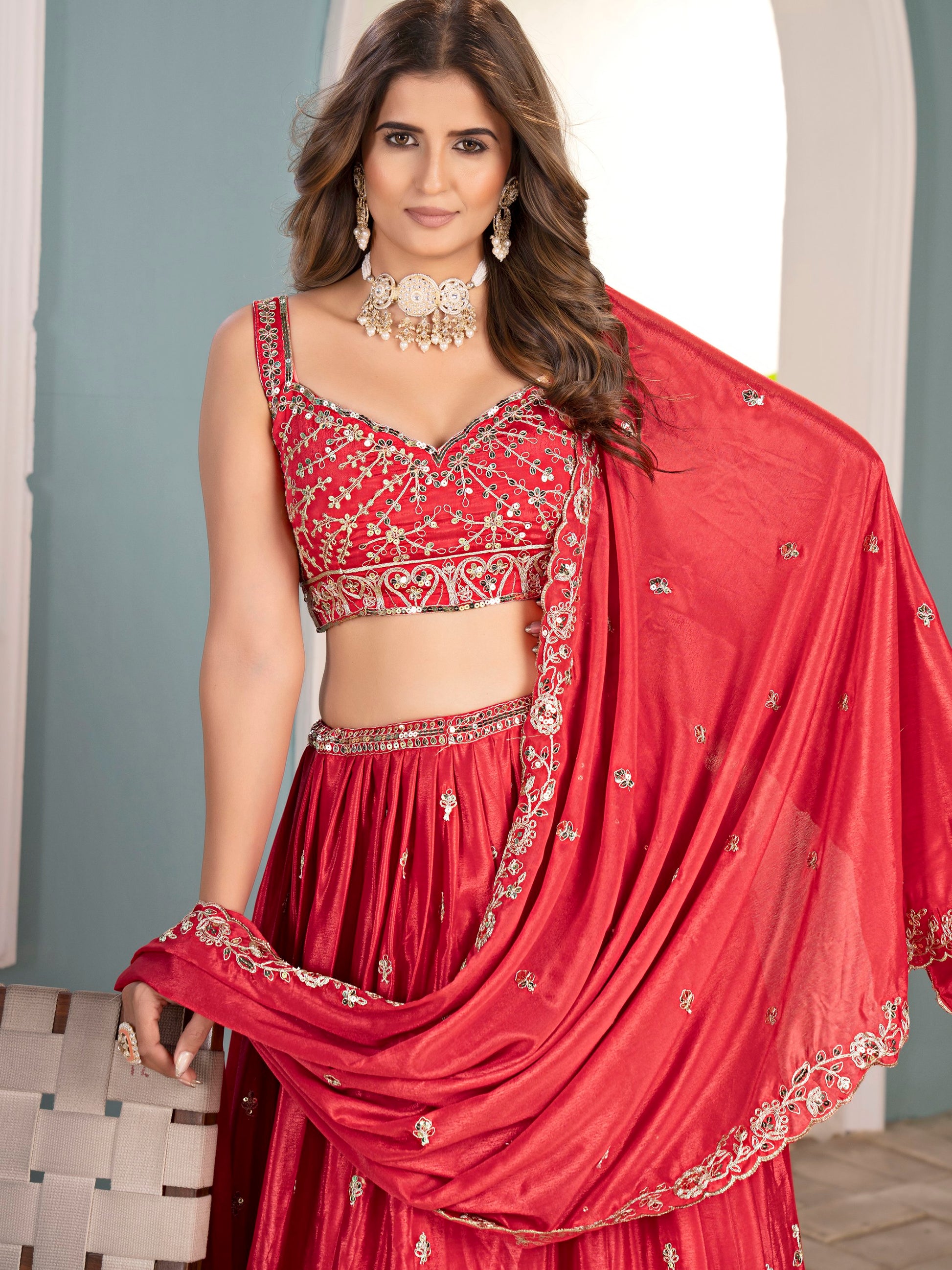 Dreamy Red Coding Work Chinon Reception Wear Lehenga Choli With Dupatta - Zeel Clothing