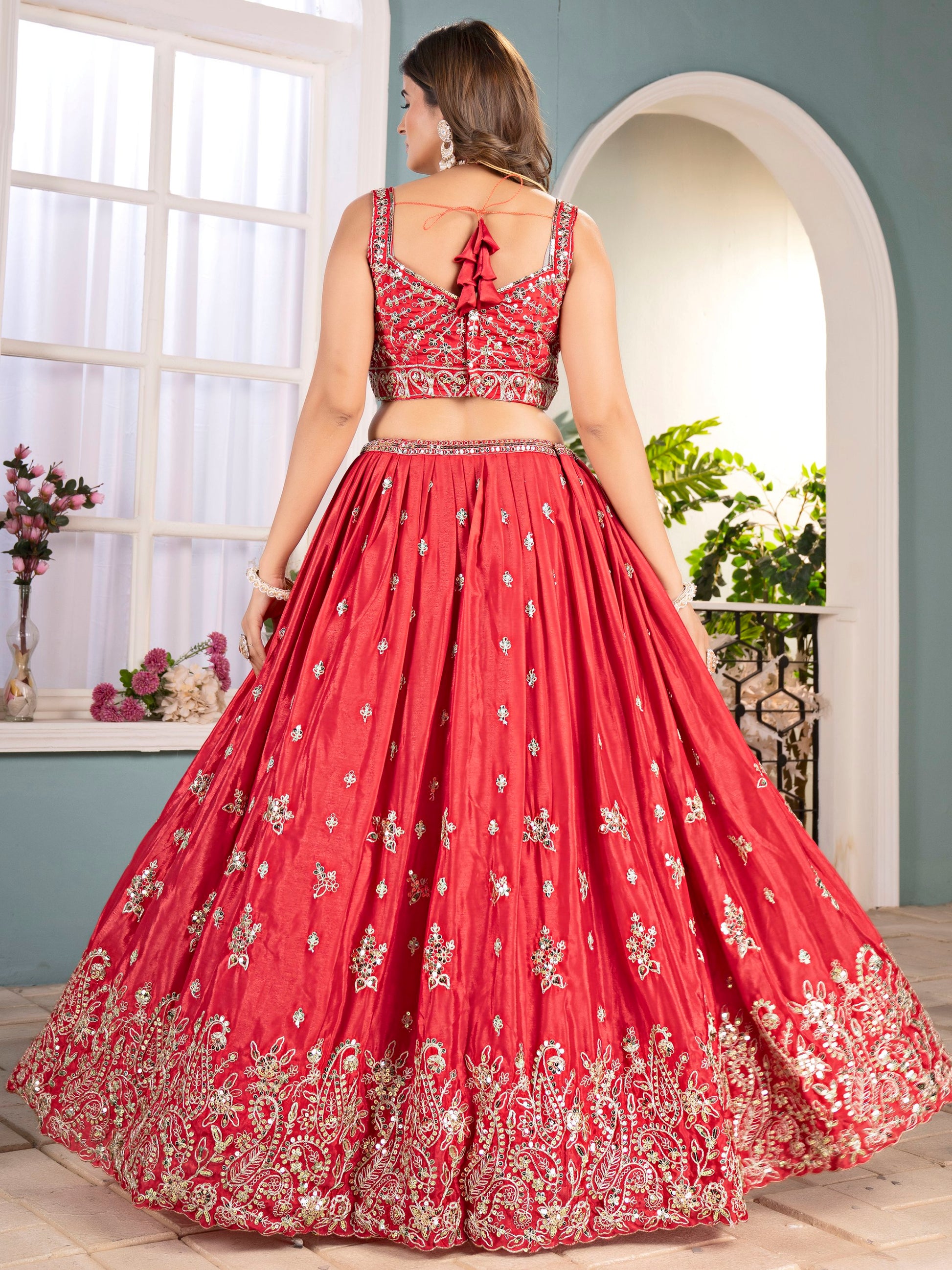 Dreamy Red Coding Work Chinon Reception Wear Lehenga Choli With Dupatta - Zeel Clothing