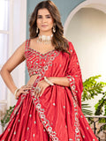 Dreamy Red Coding Work Chinon Reception Wear Lehenga Choli With Dupatta - Zeel Clothing