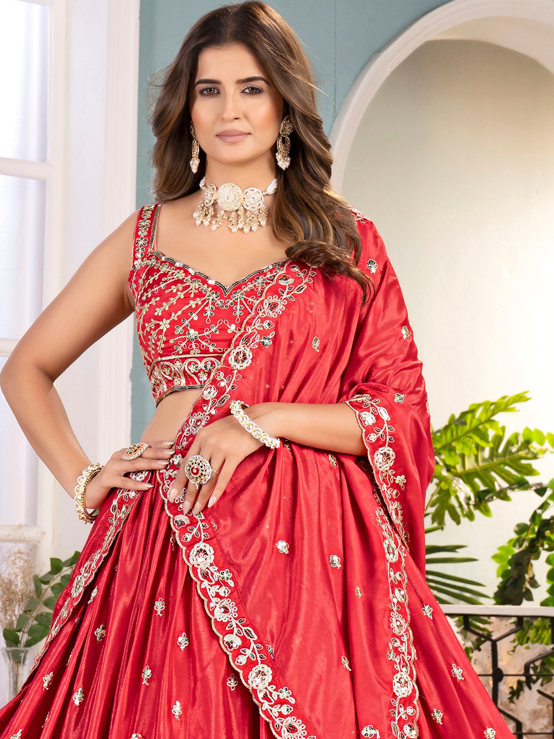 Dreamy Red Coding Work Chinon Reception Wear Lehenga Choli With Dupatta - Zeel Clothing