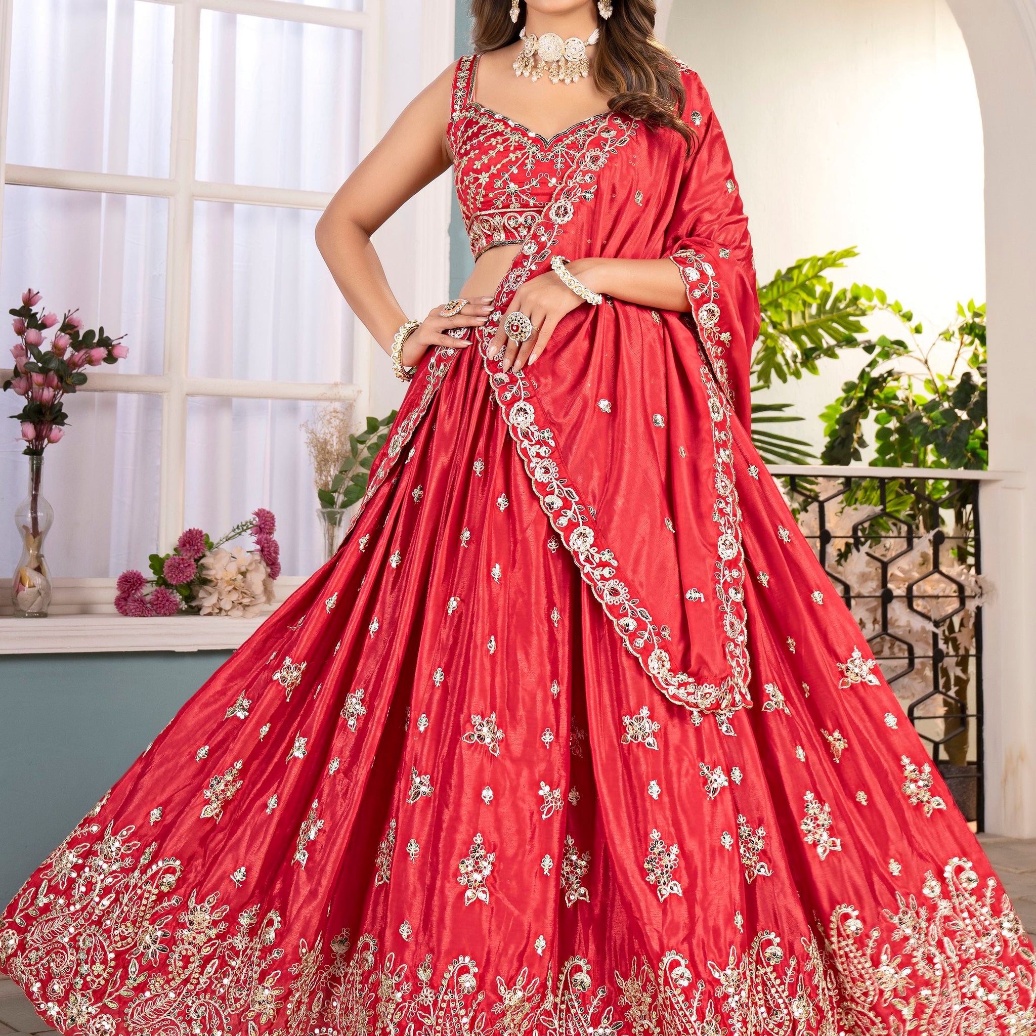 Dreamy Red Coding Work Chinon Reception Wear Lehenga Choli With Dupatta - Zeel Clothing