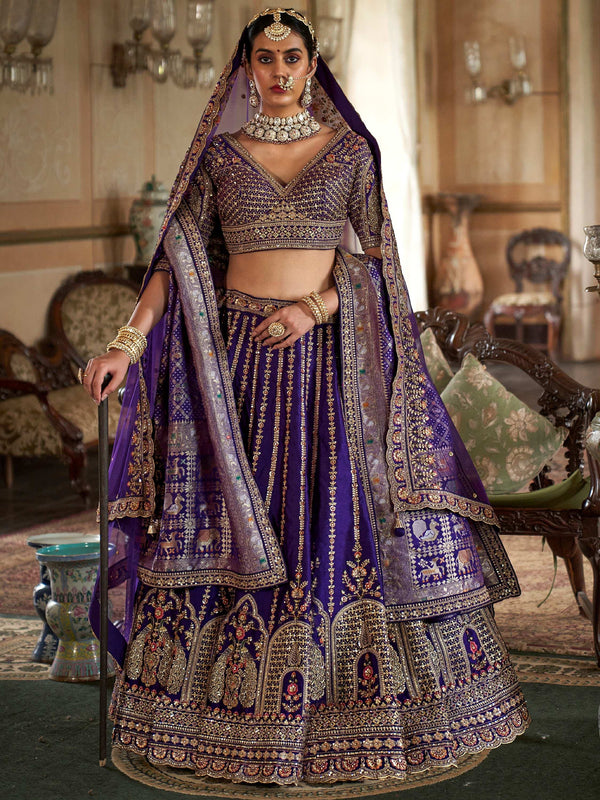 Dreamy Royal Blue Heavy Embroidered Silk Bridal Lehenga Choli With Double Dupatta