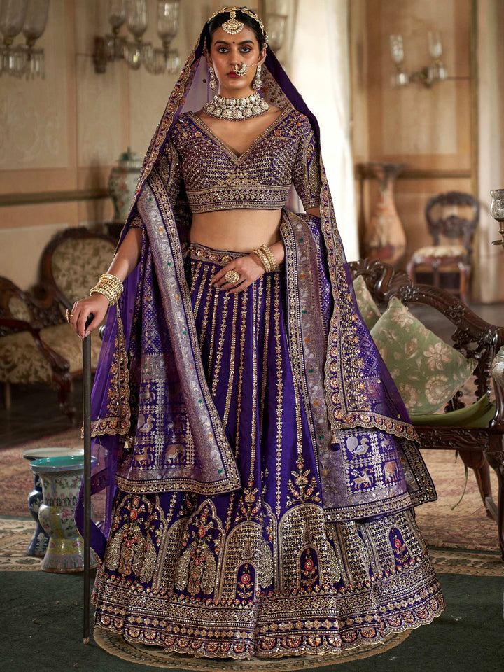 Dreamy Royal Blue Heavy Embroidered Silk Bridal Lehenga Choli With Double Dupatta