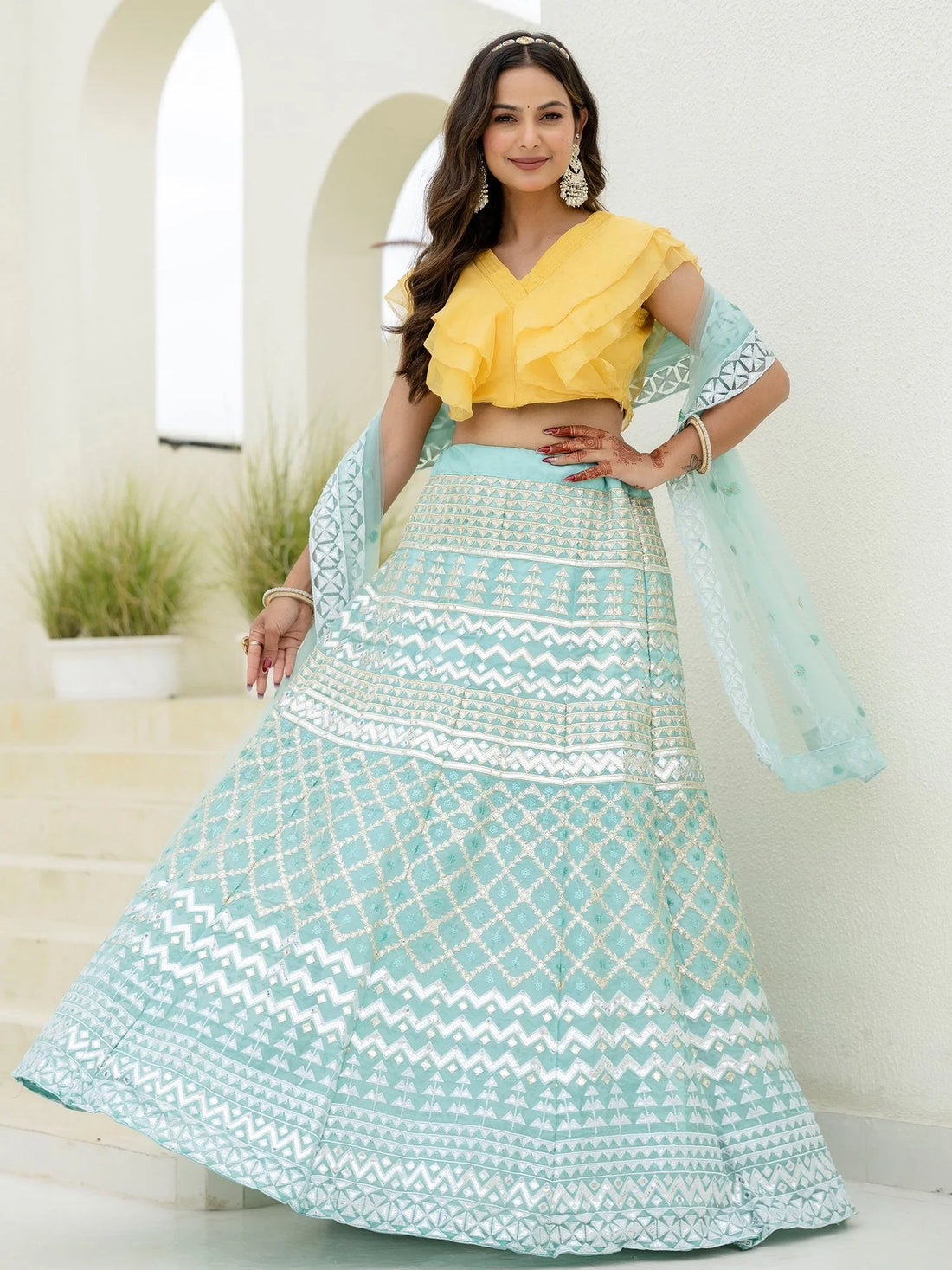 Dreamy Sky Blue Foil Embroidered Organza Party Wear Lehenga With Blouse - Zeel Clothing