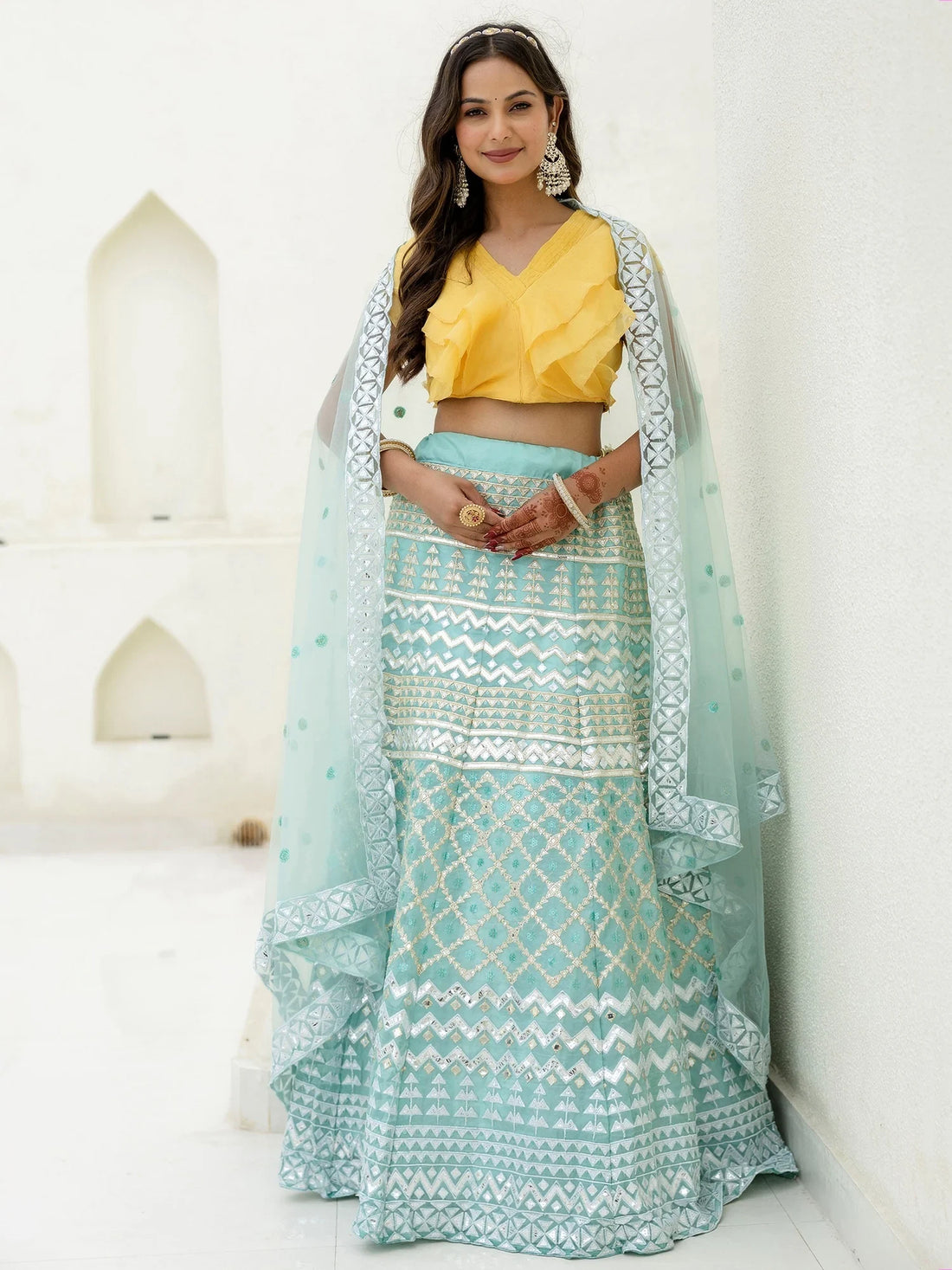 Dreamy Sky Blue Foil Embroidered Organza Party Wear Lehenga With Blouse - Zeel Clothing