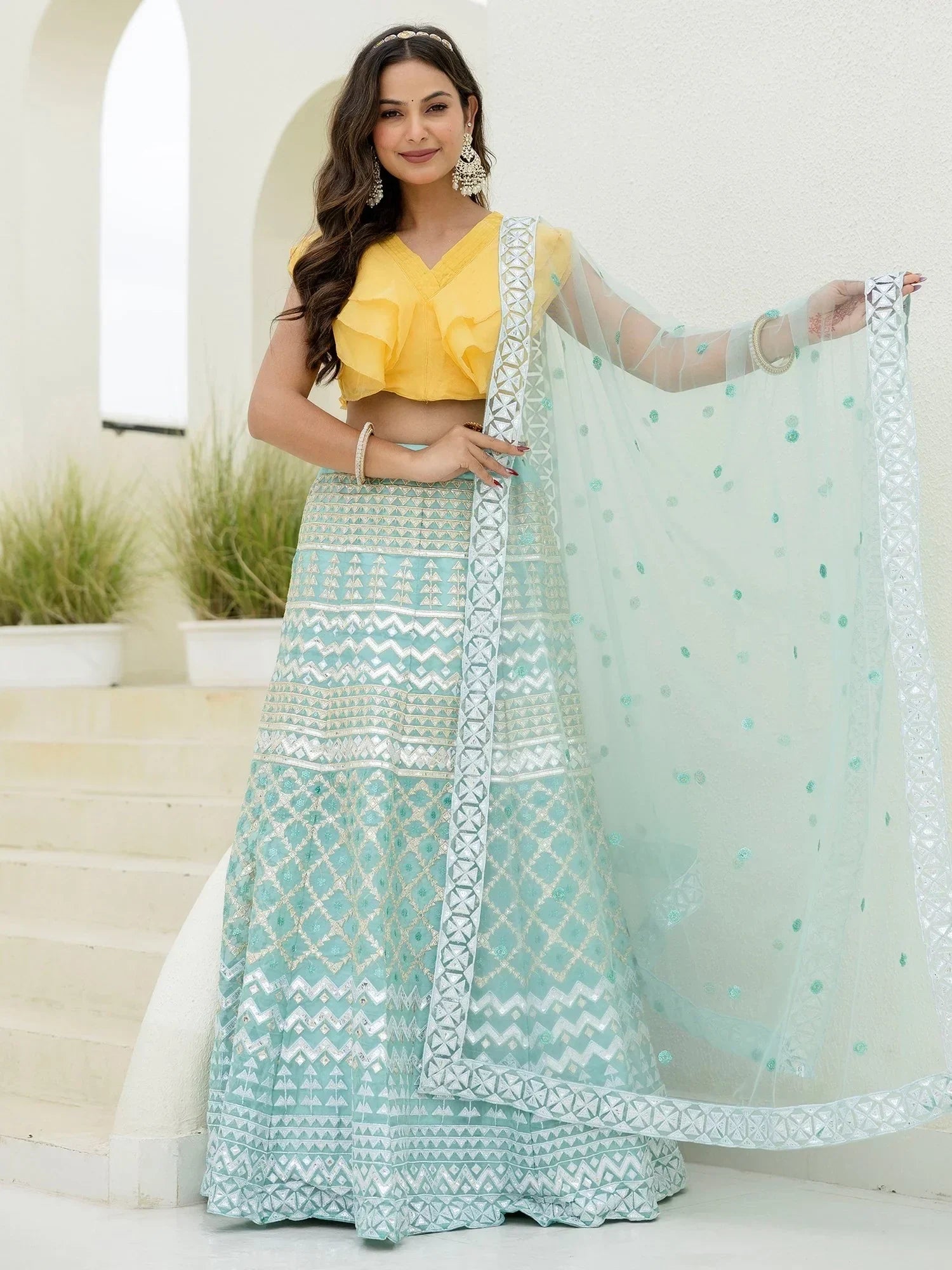 Dreamy Sky Blue Foil Embroidered Organza Party Wear Lehenga With Blouse - Zeel Clothing