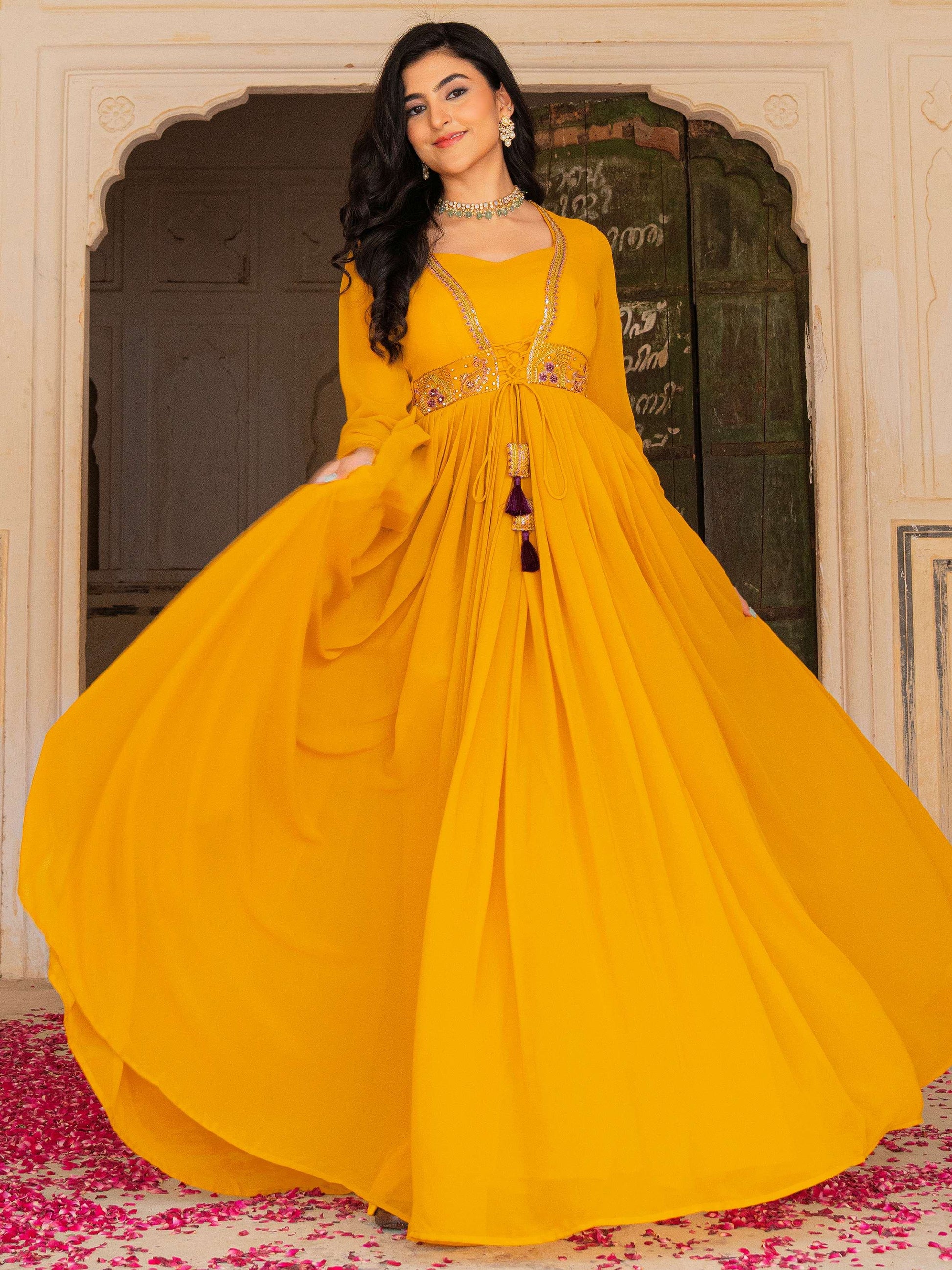 Dreamy Yellow Zari Work Georgette Festive Wear Gown With Dupatta