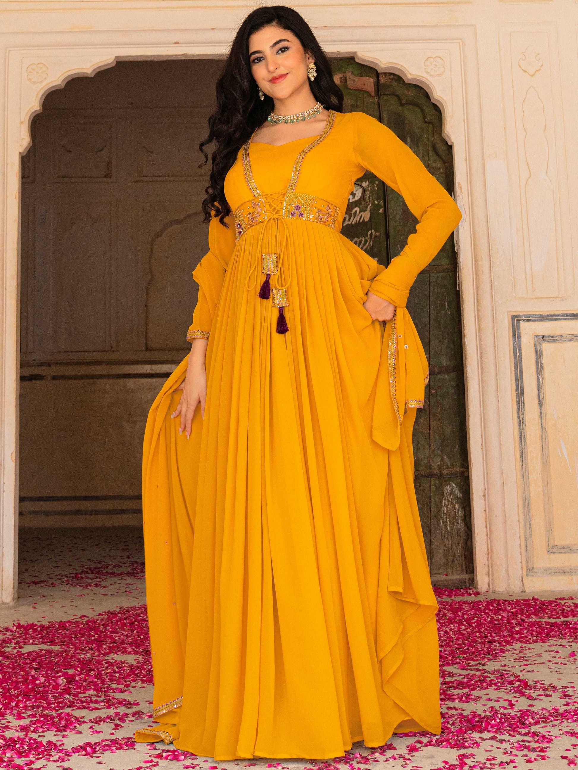 Dreamy Yellow Zari Work Georgette Festive Wear Gown With Dupatta