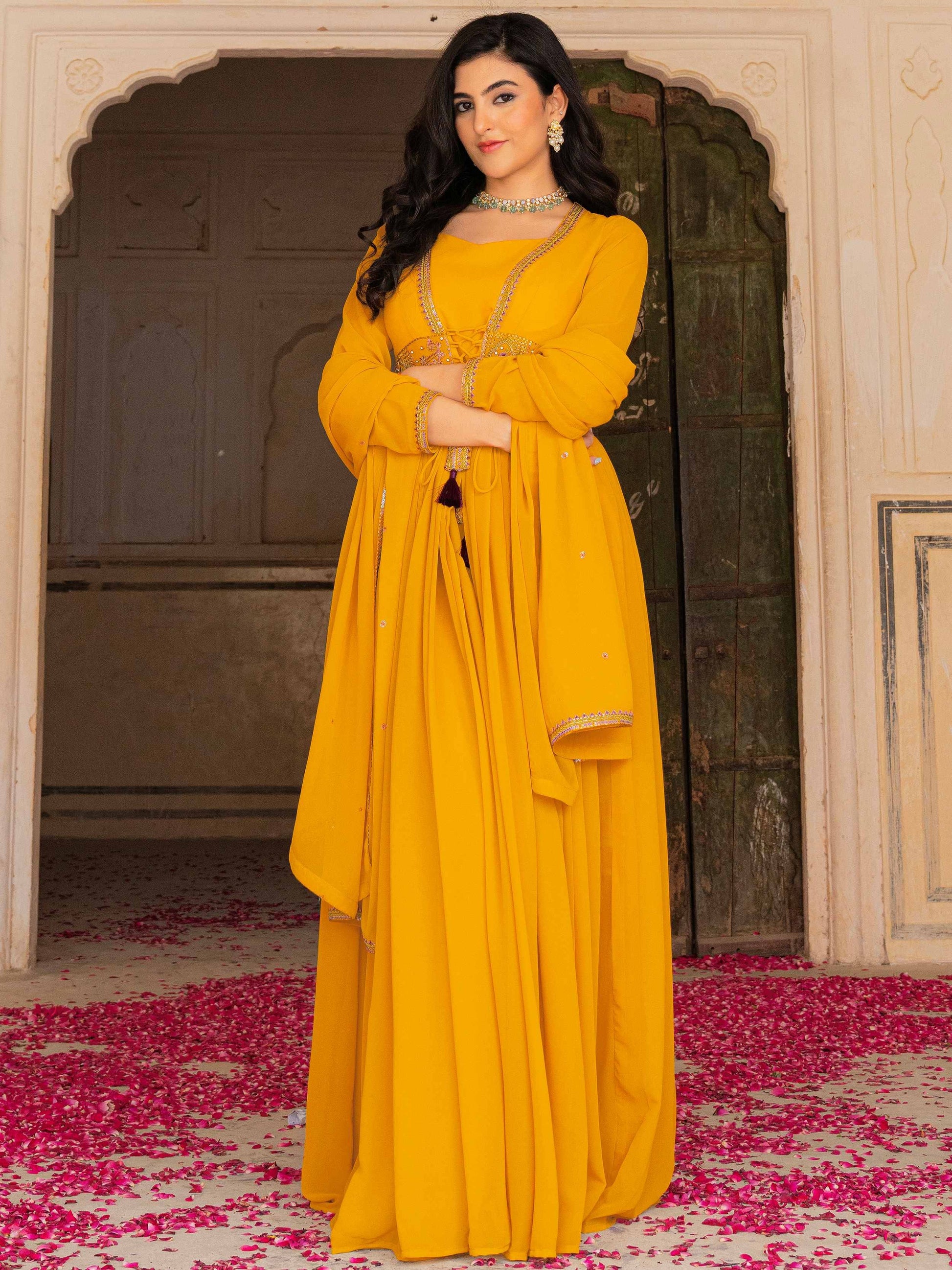 Dreamy Yellow Zari Work Georgette Festive Wear Gown With Dupatta
