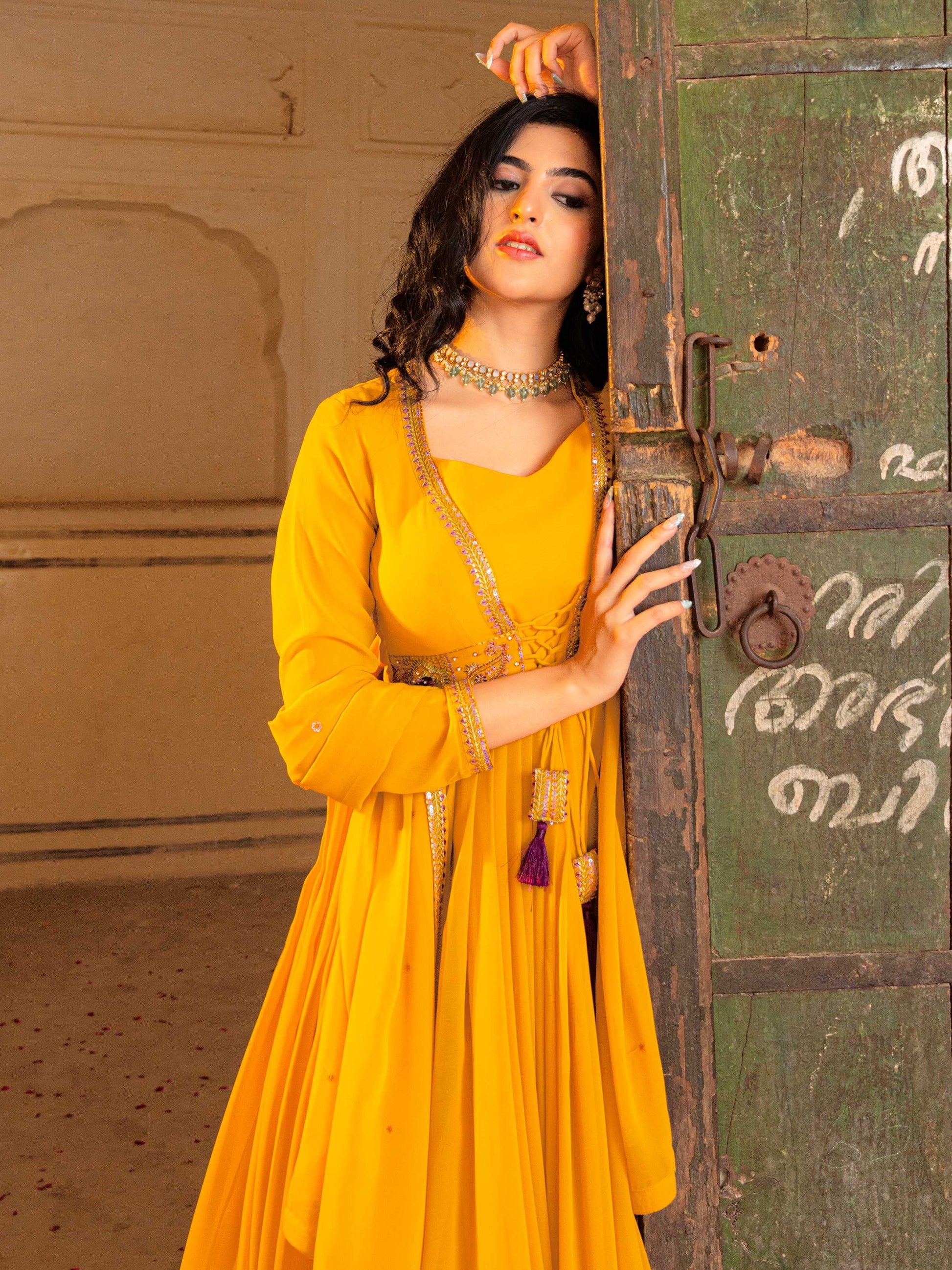 Dreamy Yellow Zari Work Georgette Festive Wear Gown With Dupatta