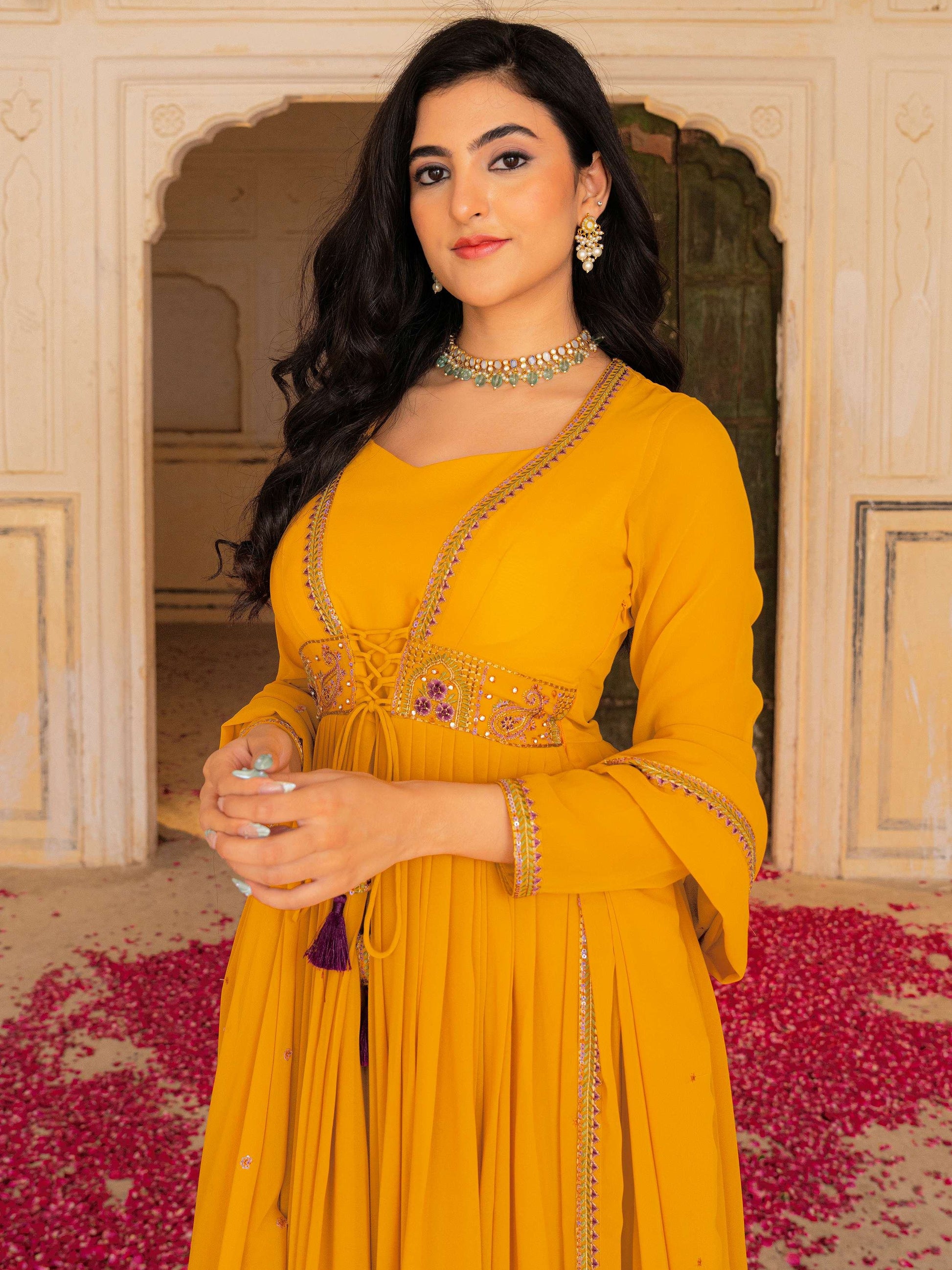 Dreamy Yellow Zari Work Georgette Festive Wear Gown With Dupatta
