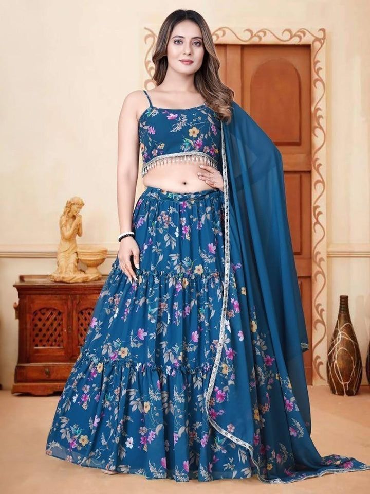 Awesome Blue Floral Printed Chinon Designer Lehenga Choli