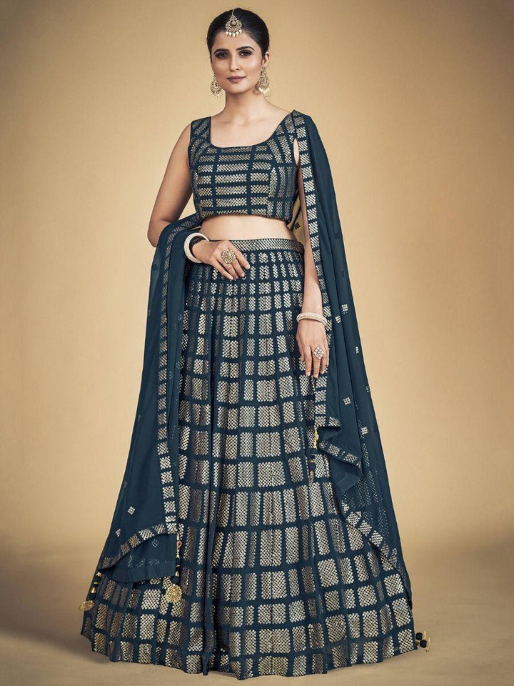 Amazing Teal Blue Sequins Georgette Reception Wear Lehenga Choli