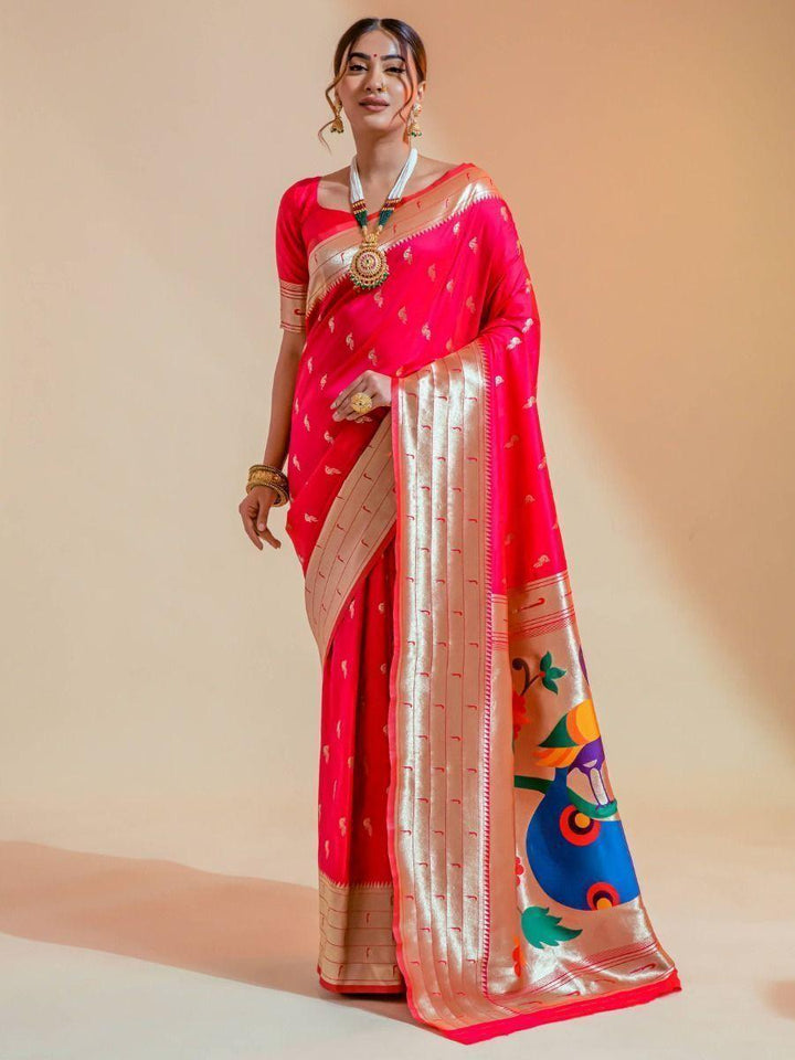 Attractive Hot Pink Woven Paithani Silk Festival Wear Saree
