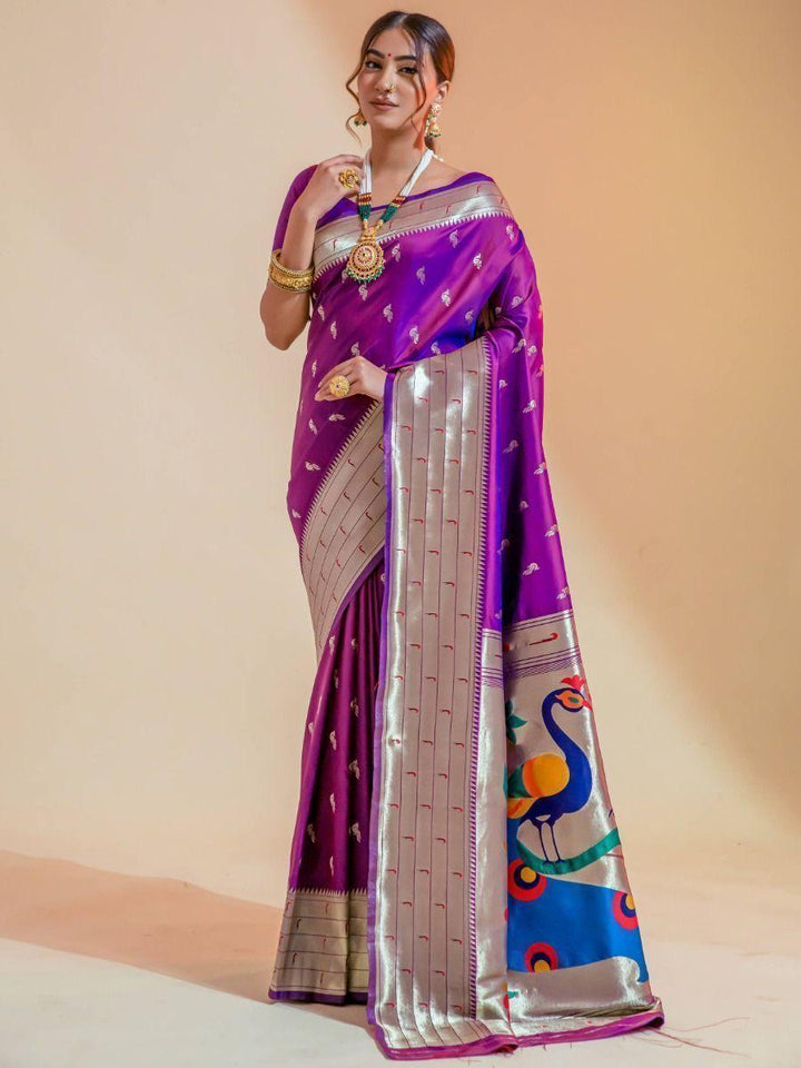 Appealing Purple Zari Weaving Paithani Silk Saree With Blouse