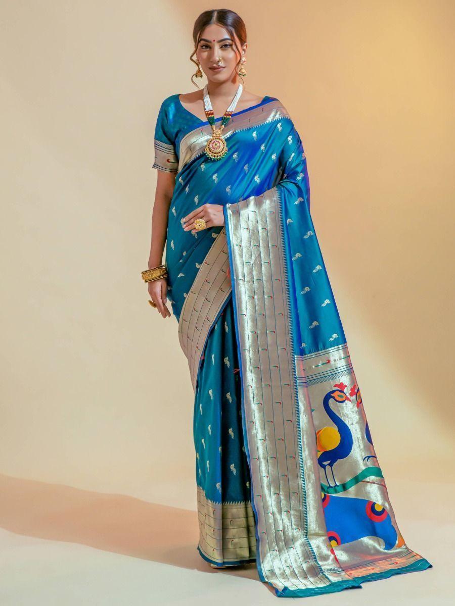 Adorable Sky Blue Zari Weaving Paithani Silk Traditional Saree