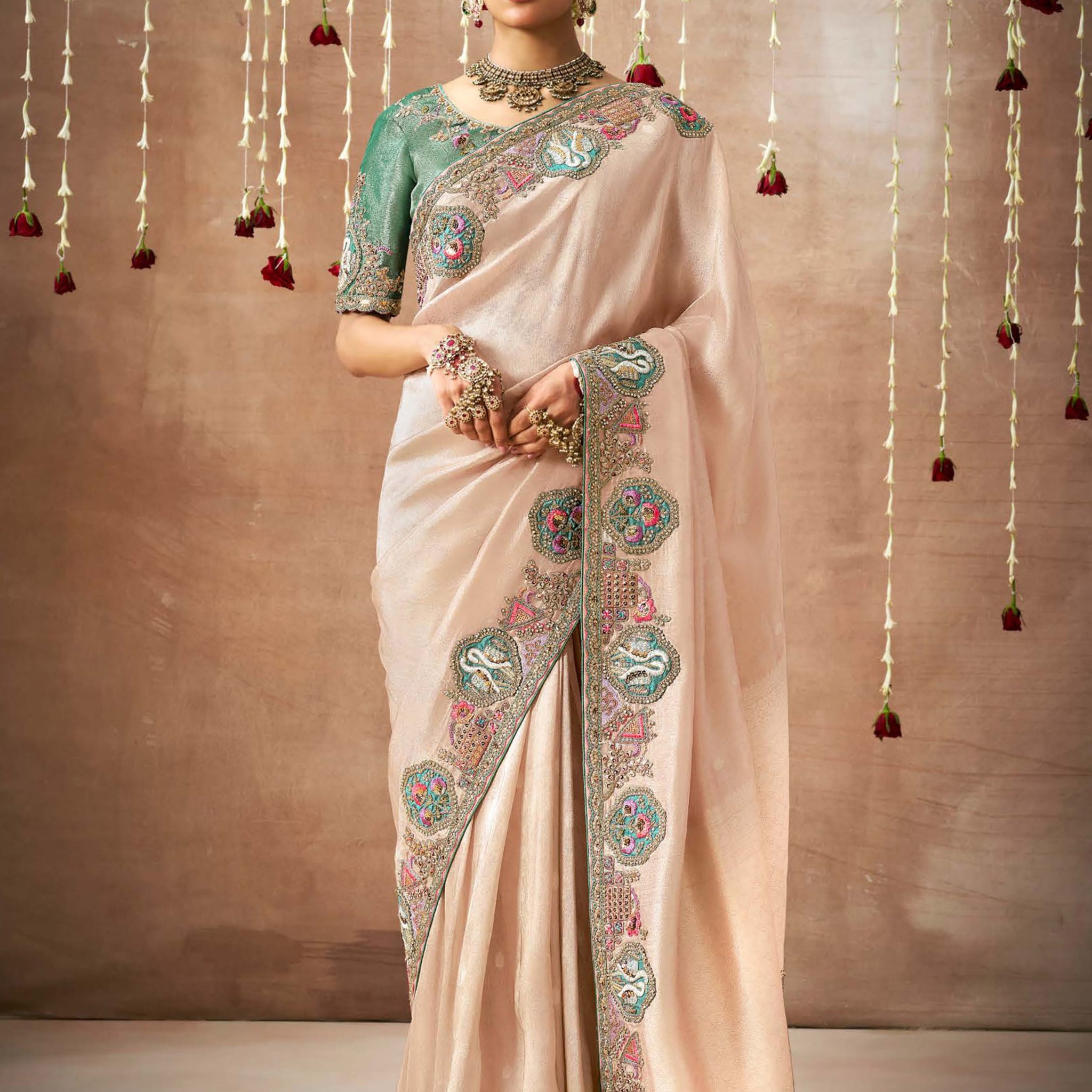 Precious Cream Heavy Border Work Silk Event Wear Saree With Blouse