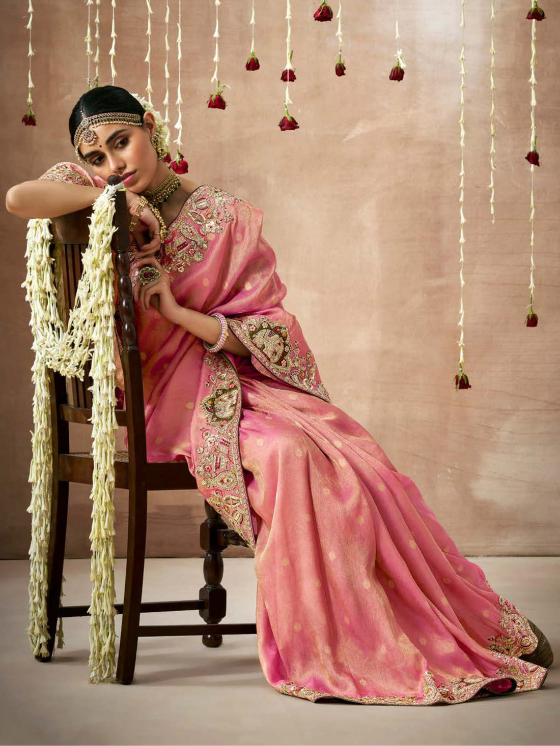 Alluring Pink Heavy Border Work Silk Wedding Saree With Blouse
