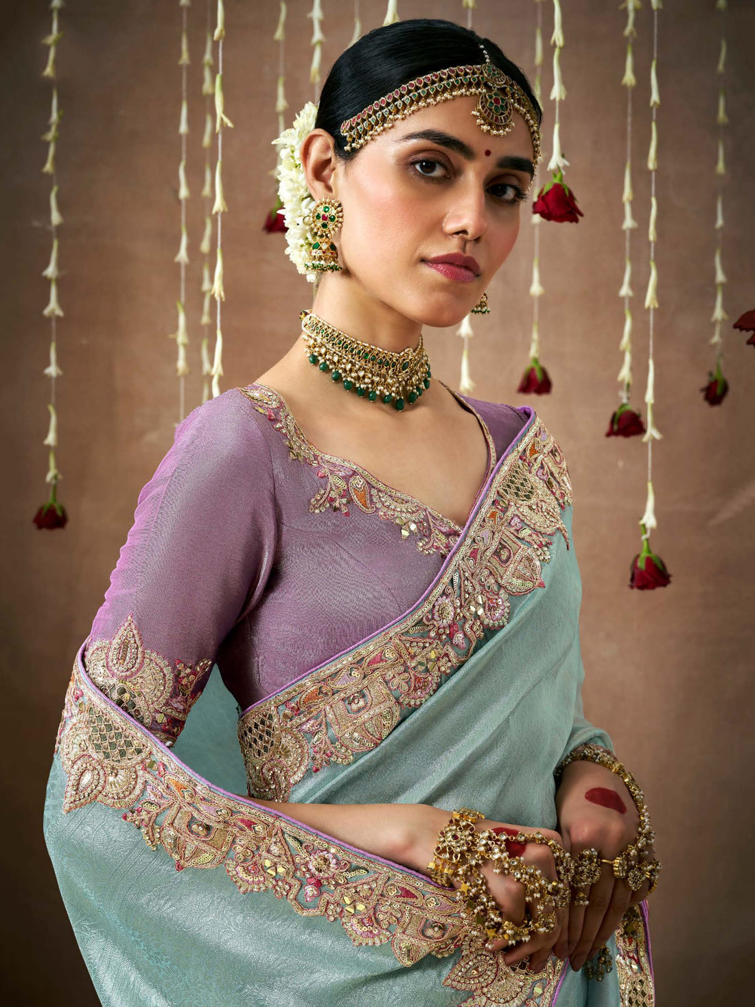 Stunning Sky-Blue Color Heavy Border Work Silk Reception Wear Saree
