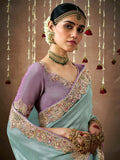 Stunning Sky-Blue Color Heavy Border Work Silk Reception Wear Saree