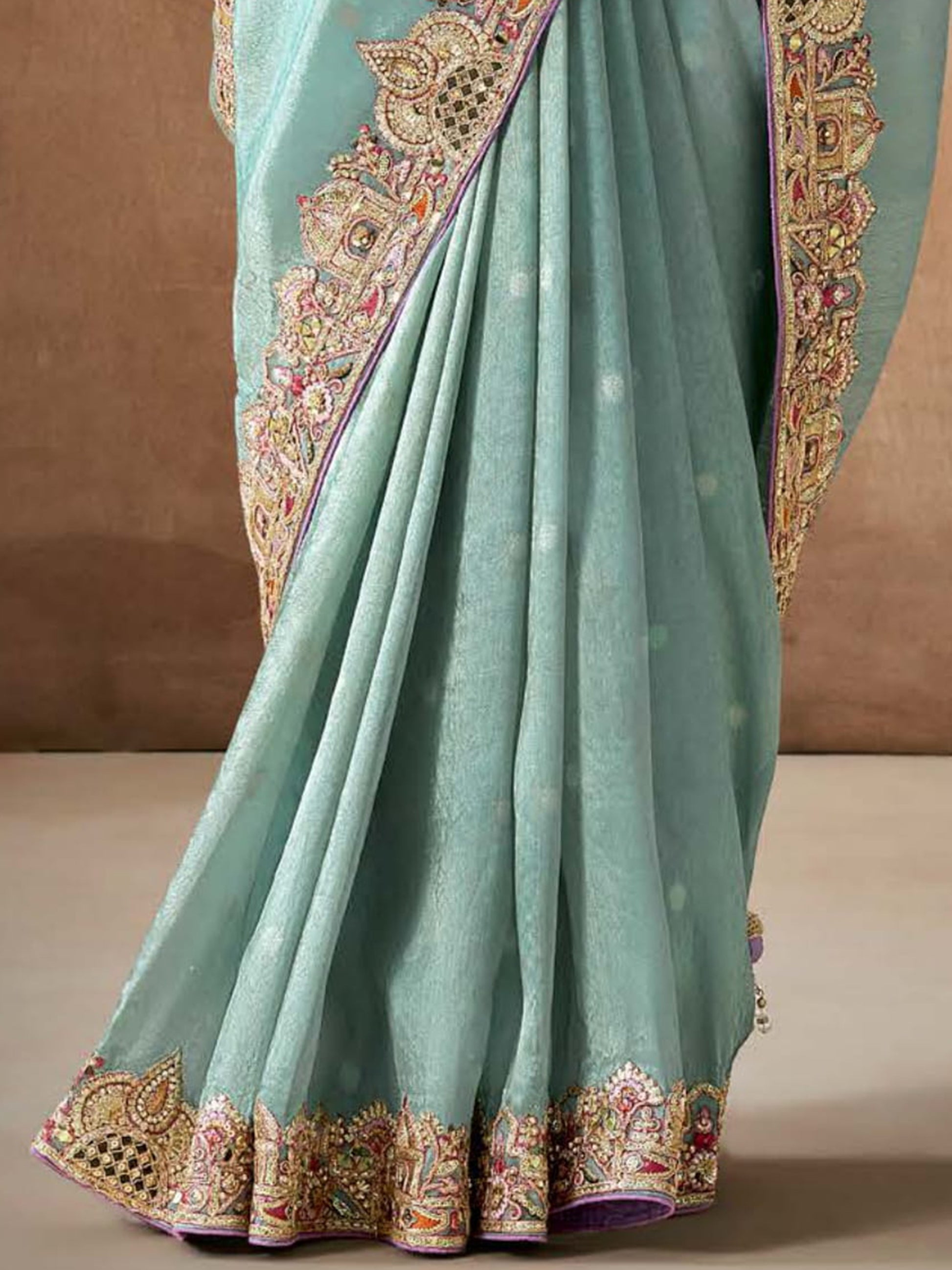 Stunning Sky-Blue Color Heavy Border Work Silk Reception Wear Saree
