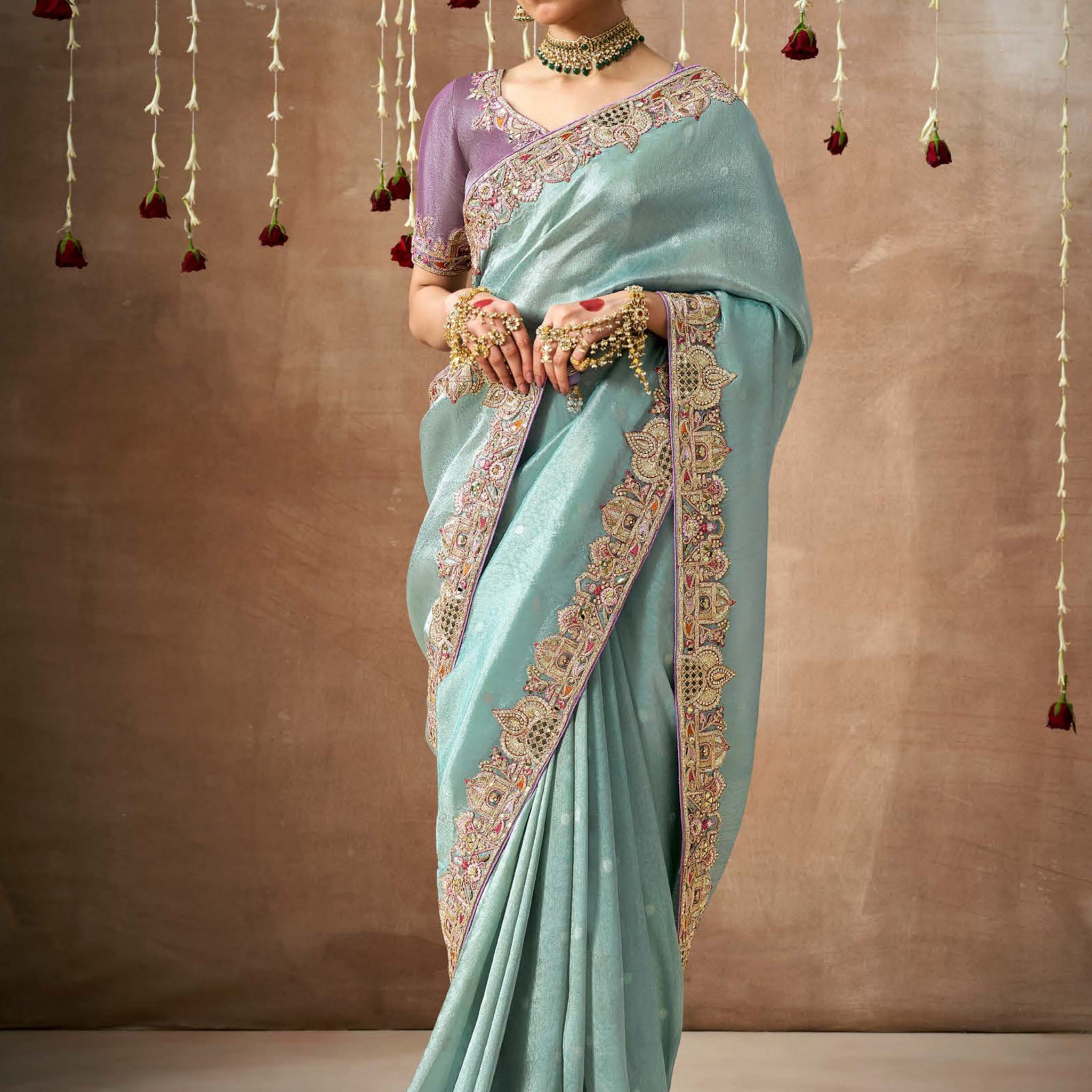 Stunning Sky-Blue Color Heavy Border Work Silk Reception Wear Saree
