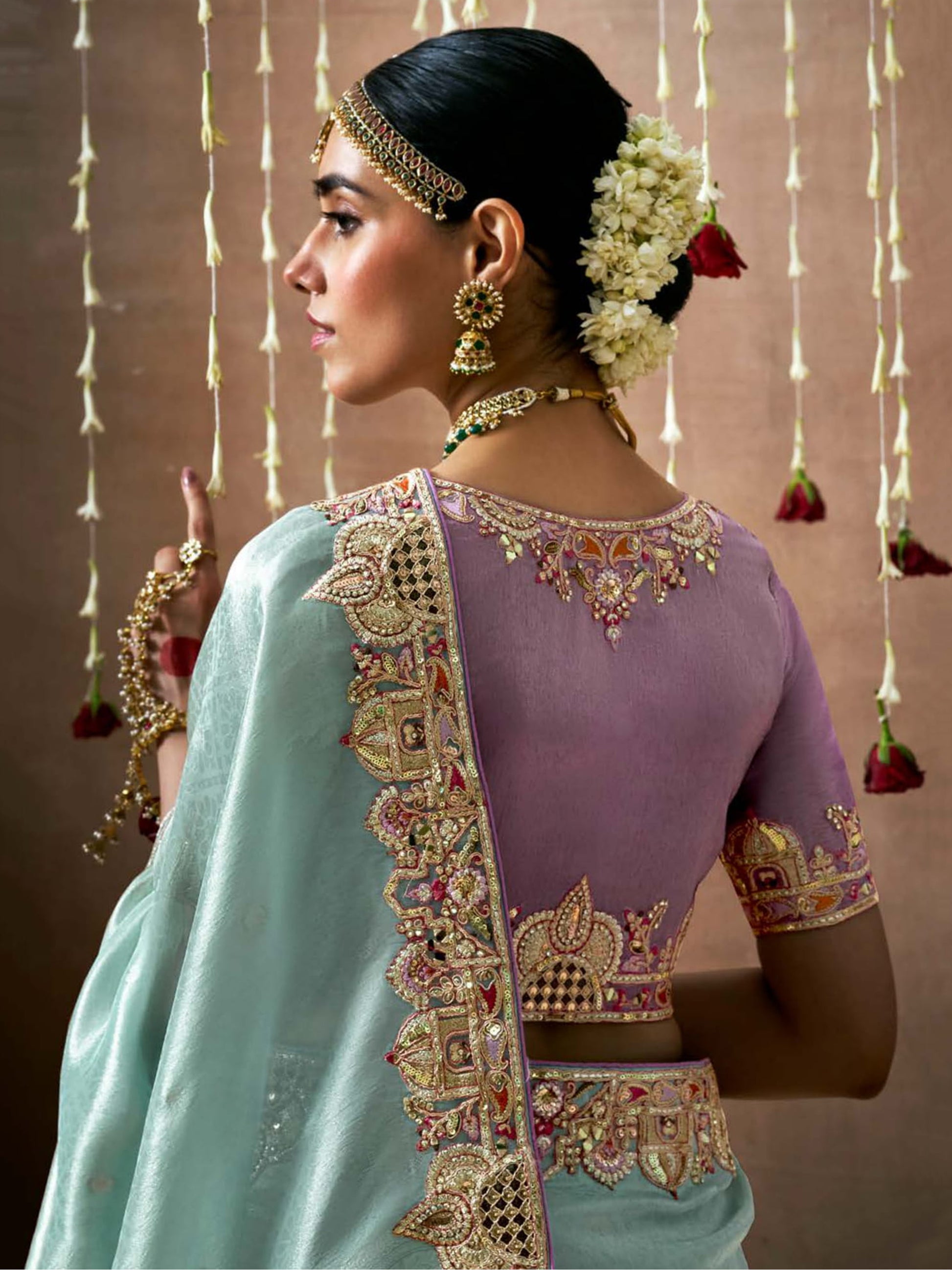 Stunning Sky-Blue Color Heavy Border Work Silk Reception Wear Saree