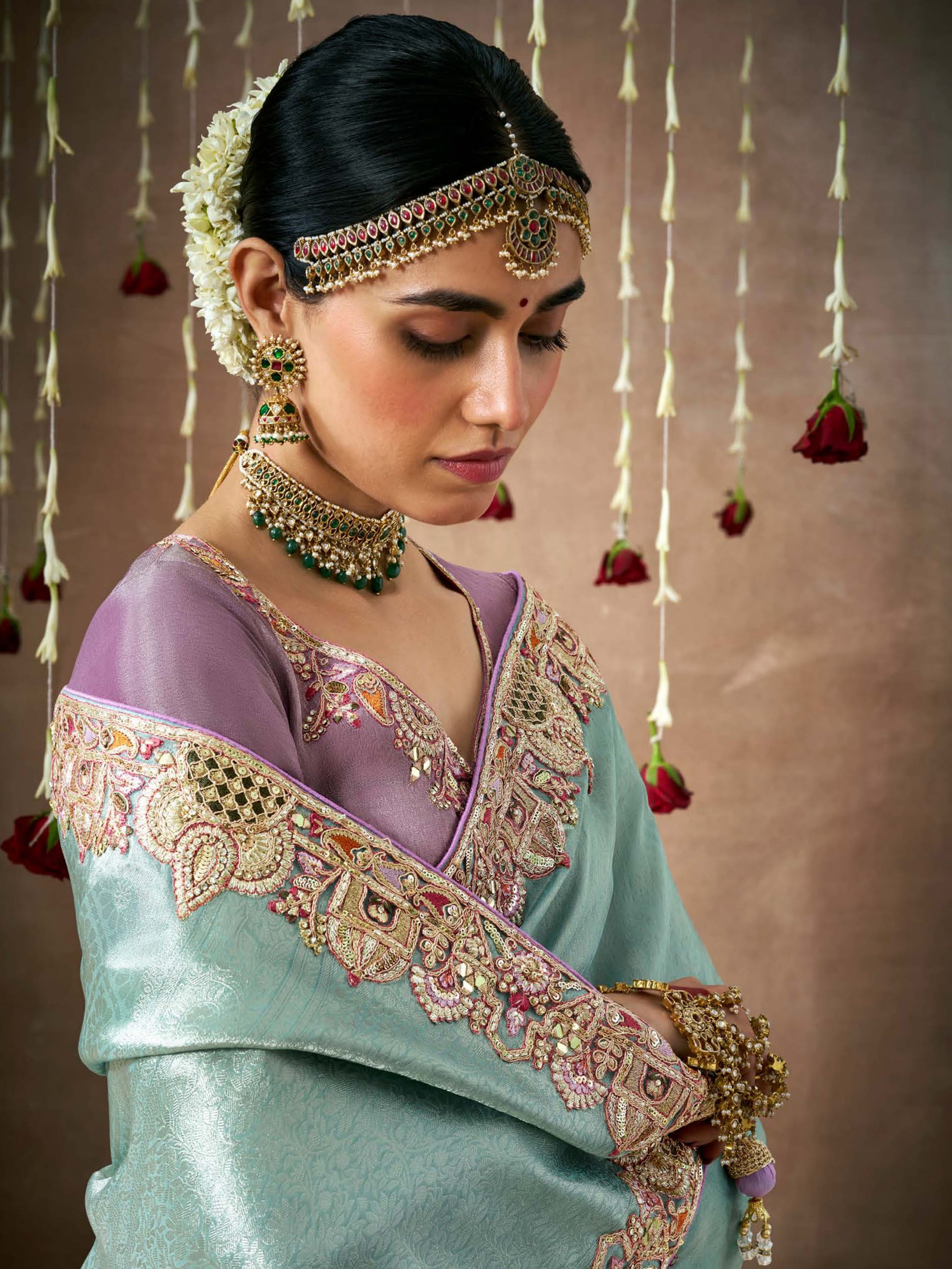 Stunning Sky-Blue Color Heavy Border Work Silk Reception Wear Saree