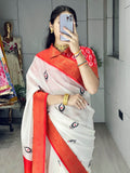 Timeless White Printed Silk Festive Special Saree With Blouse