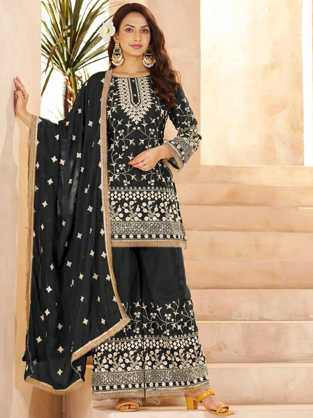 Elegant Black Thread Embroidery Georgette Festive Wear Palazzo Suit