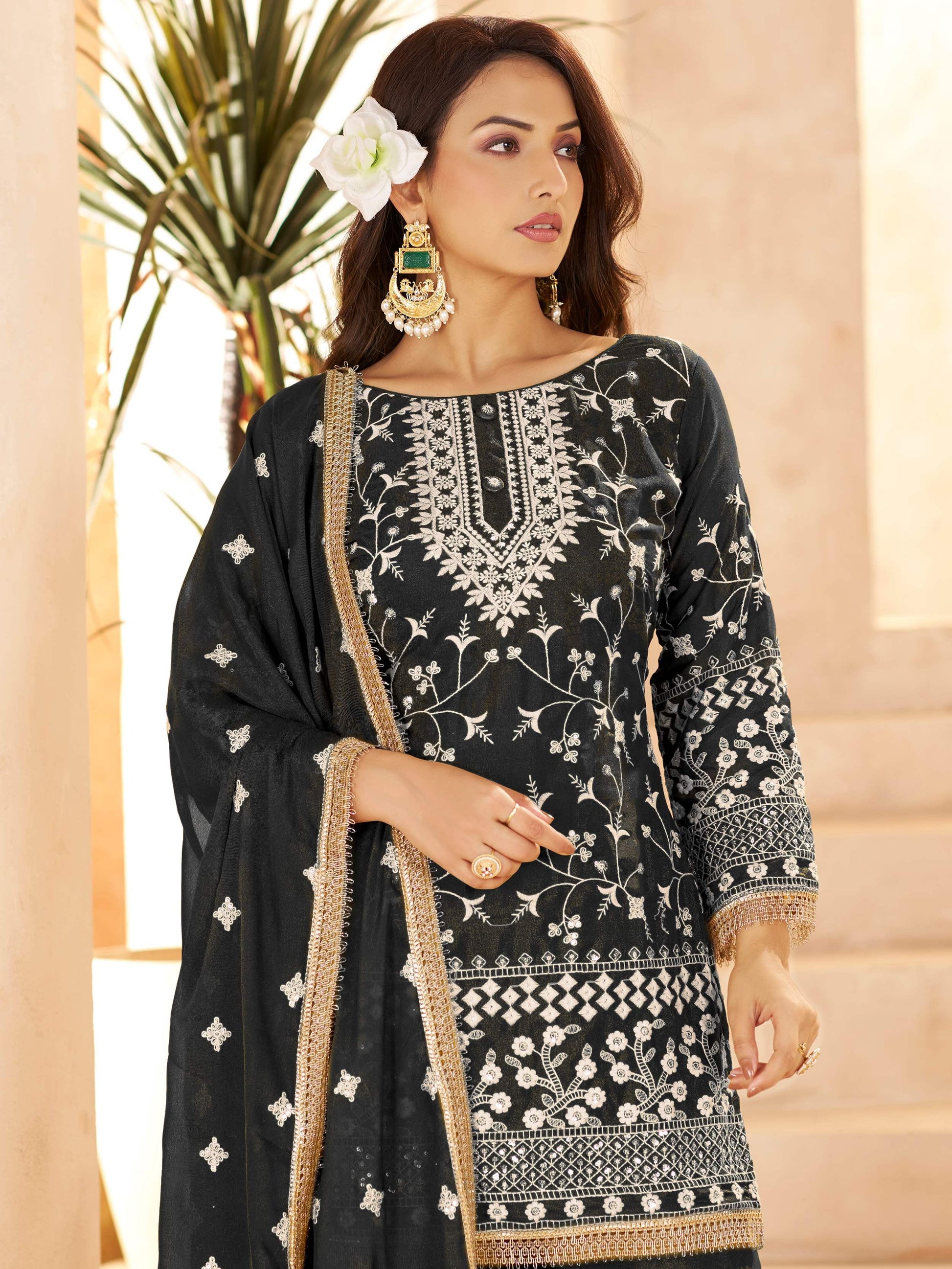 Elegant Black Thread Embroidery Georgette Festive Wear Palazzo Suit