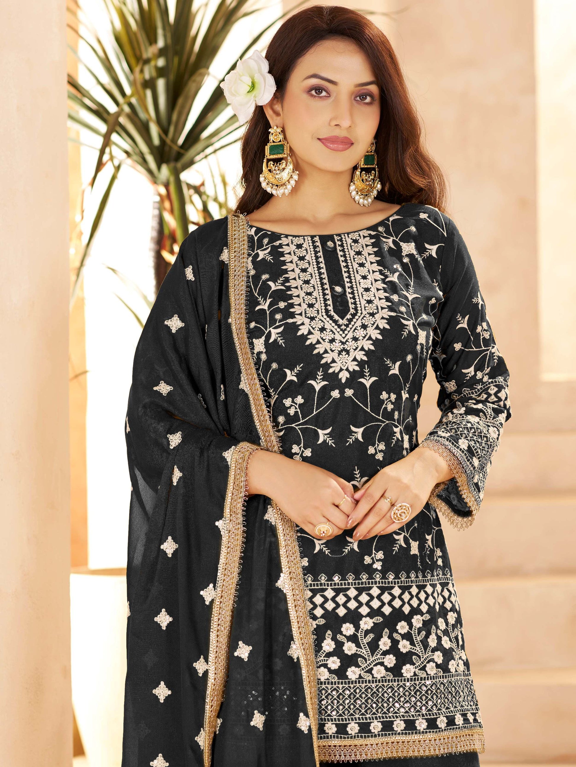 Elegant Black Thread Embroidery Georgette Festive Wear Palazzo Suit