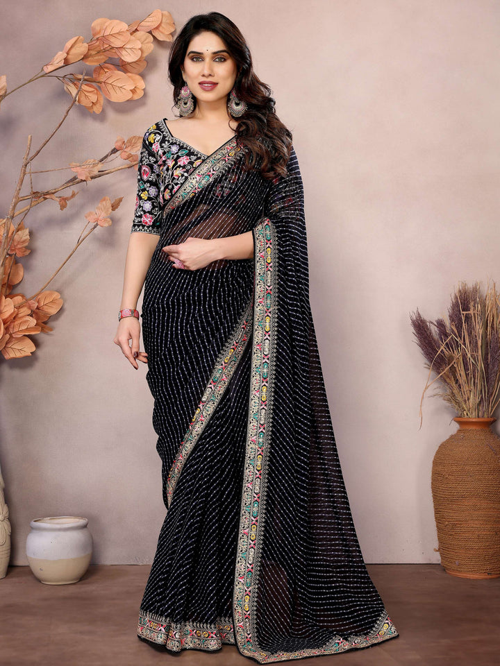 Elegant Black Zari Embroidery Georgette Function Wear Saree With Blouse - Zeel Clothing
