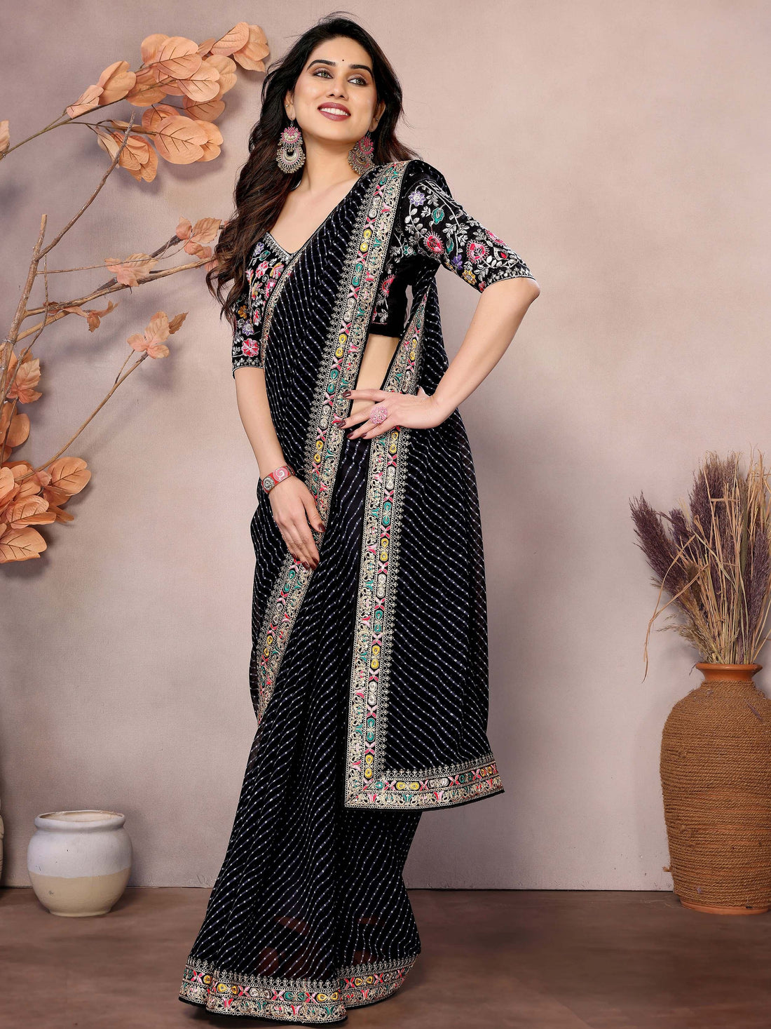 Elegant Black Zari Embroidery Georgette Function Wear Saree With Blouse - Zeel Clothing