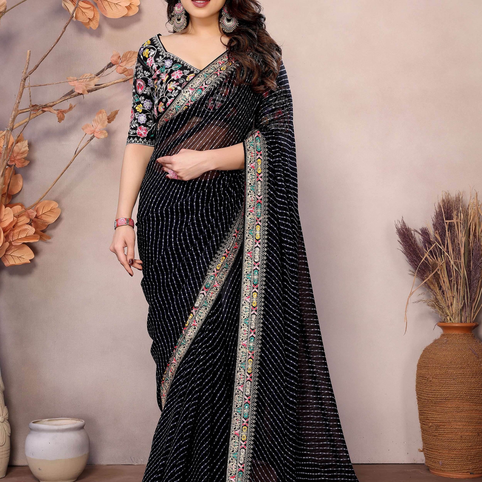 Elegant Black Zari Embroidery Georgette Function Wear Saree With Blouse - Zeel Clothing