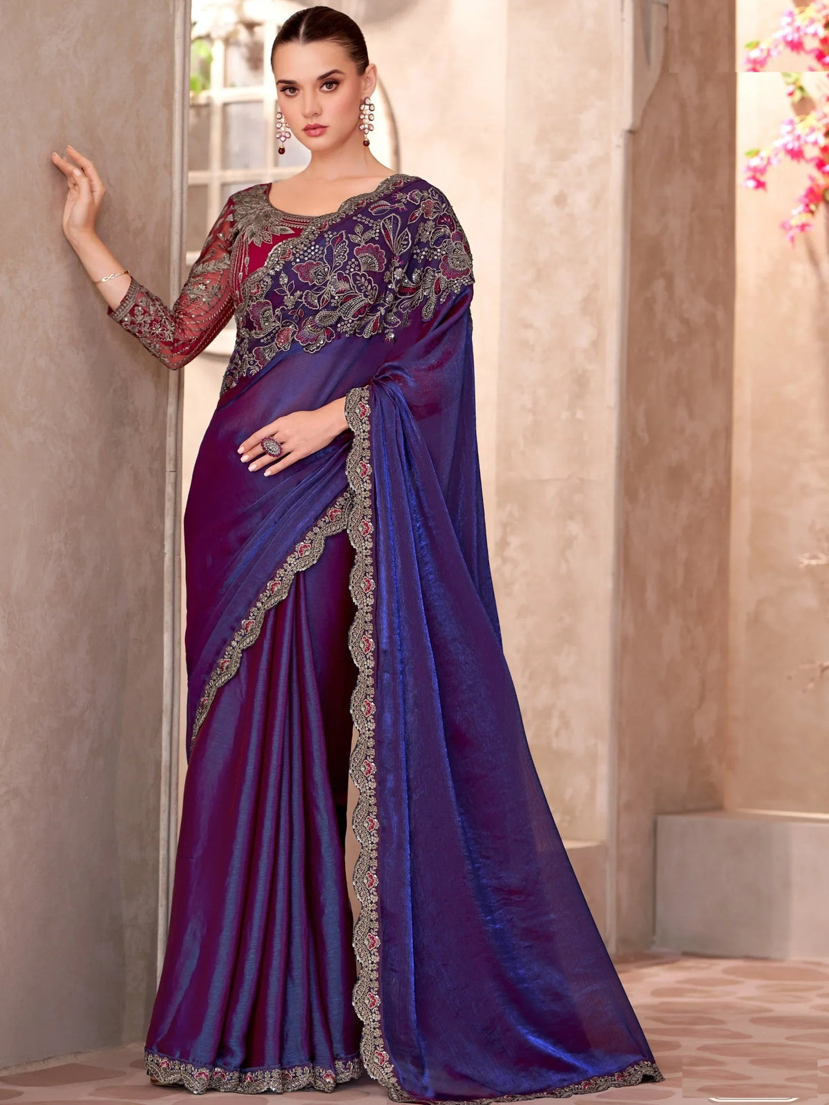 Elegant Blue Border Work Georgette Traditional Saree With Blouse - Zeel Clothing