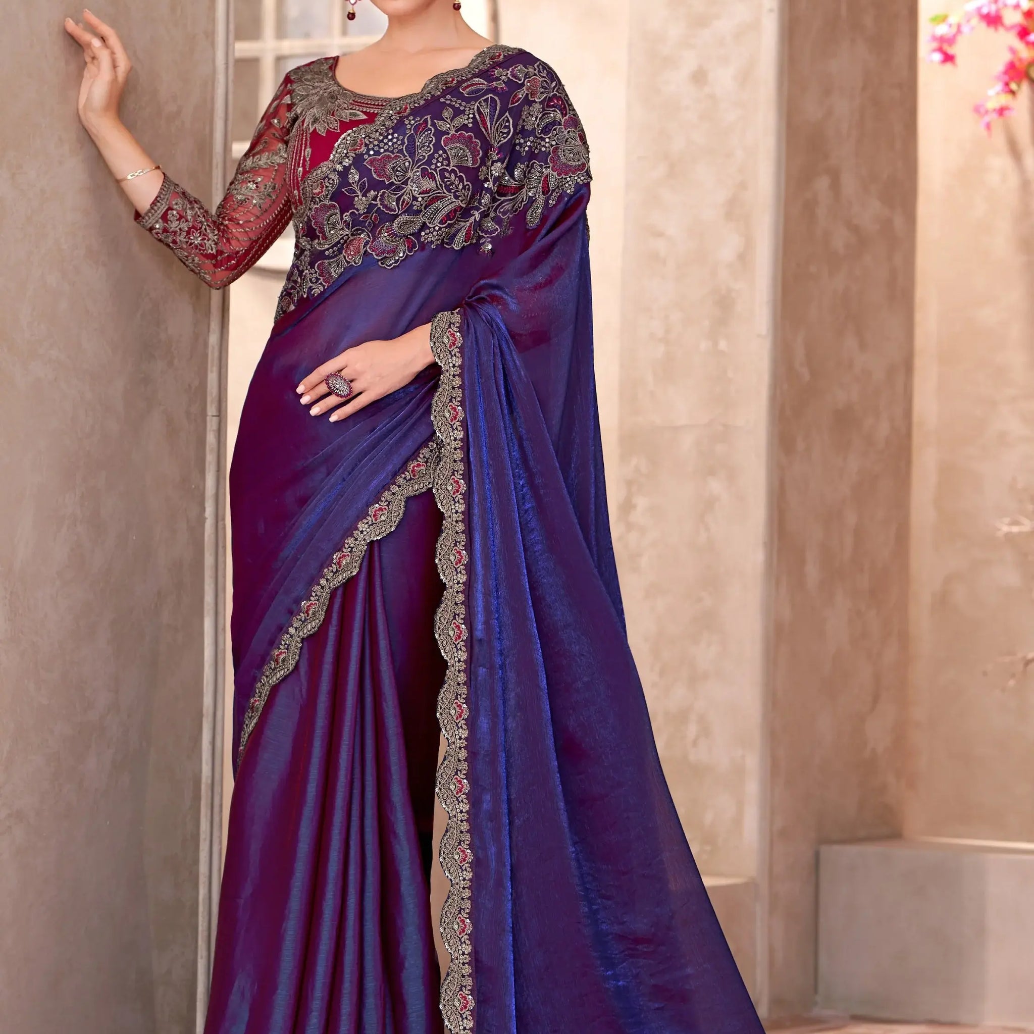 Elegant Blue Border Work Georgette Traditional Saree With Blouse - Zeel Clothing